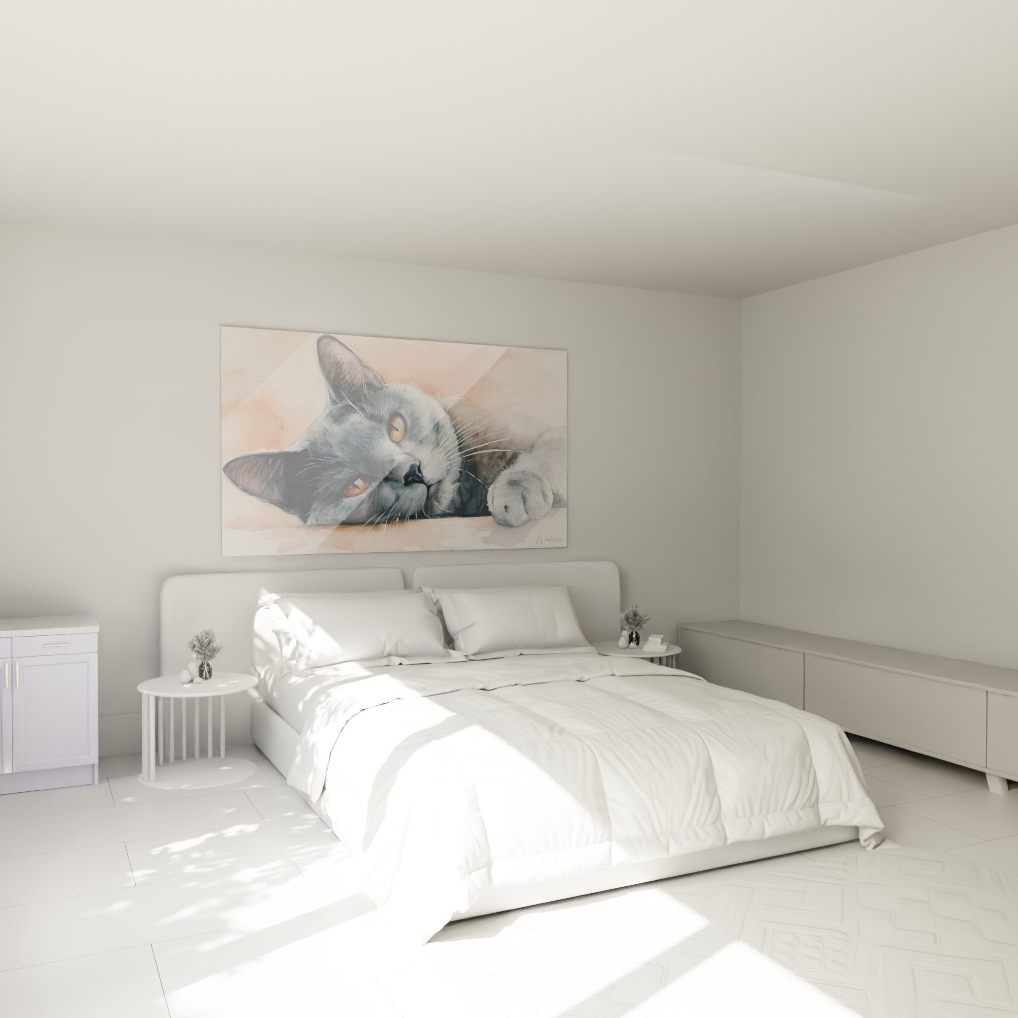 Deco chambre avec tableau chat Chartreux aquarelle gris et rose accroche au mur moderne et elegant