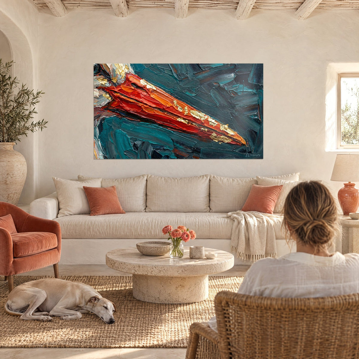 Wall art vivid red stork beak in thick impasto, deep petrol-blue background, gold leaf accents, above a sofa in a bright living room