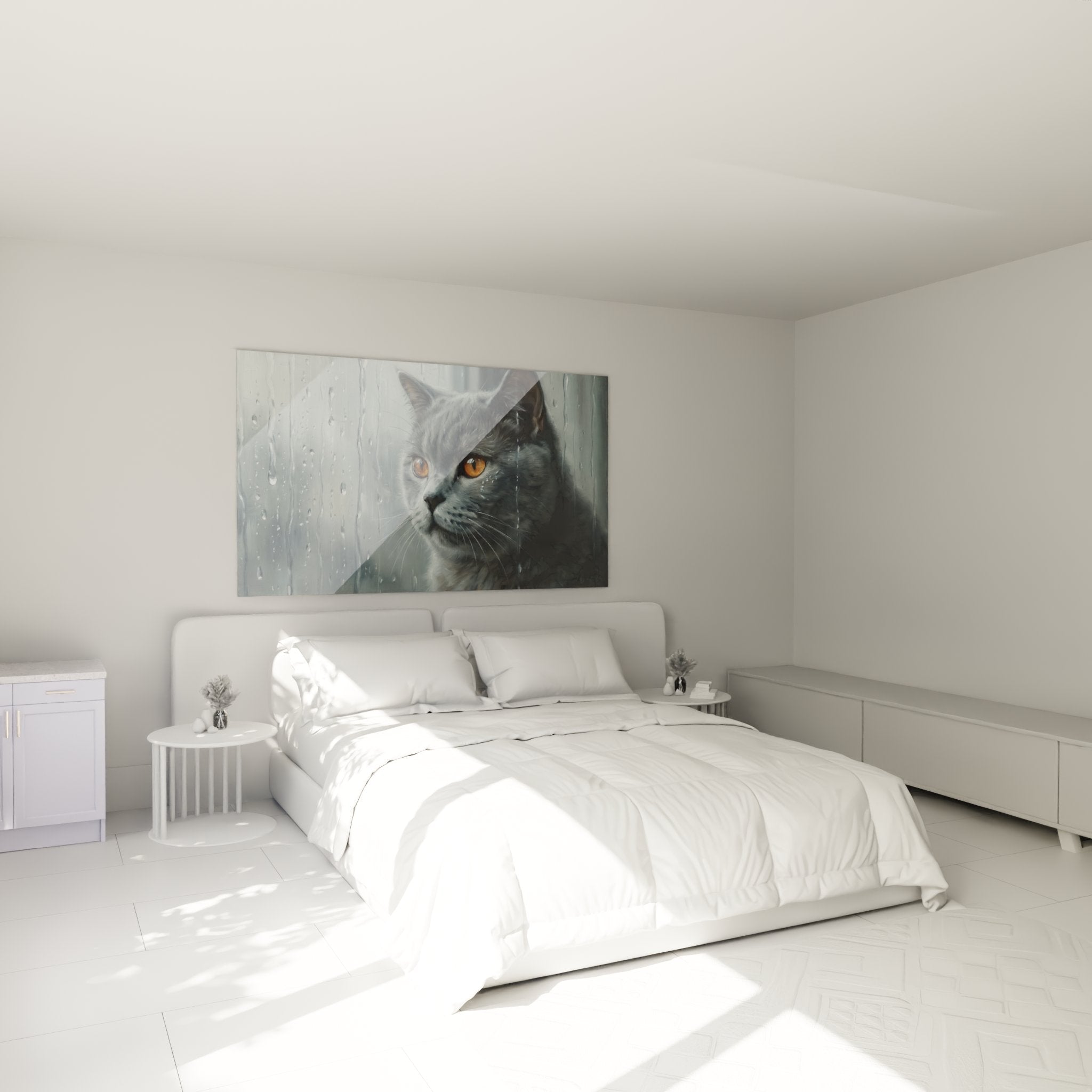 Decorazione murale camera con quadro gatto British shorthair sotto la pioggia, atmosfera contemplativa e delicata