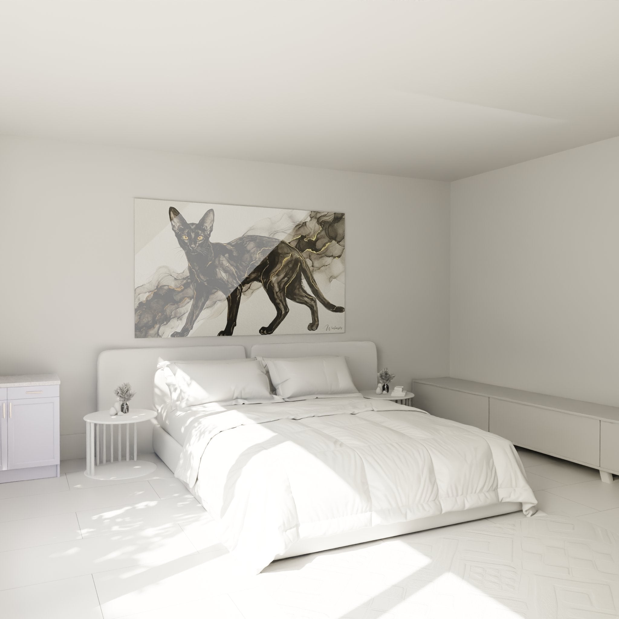 Décoration murale chambre avec tableau chat noir aquarelle moderne accroché au-dessus du lit