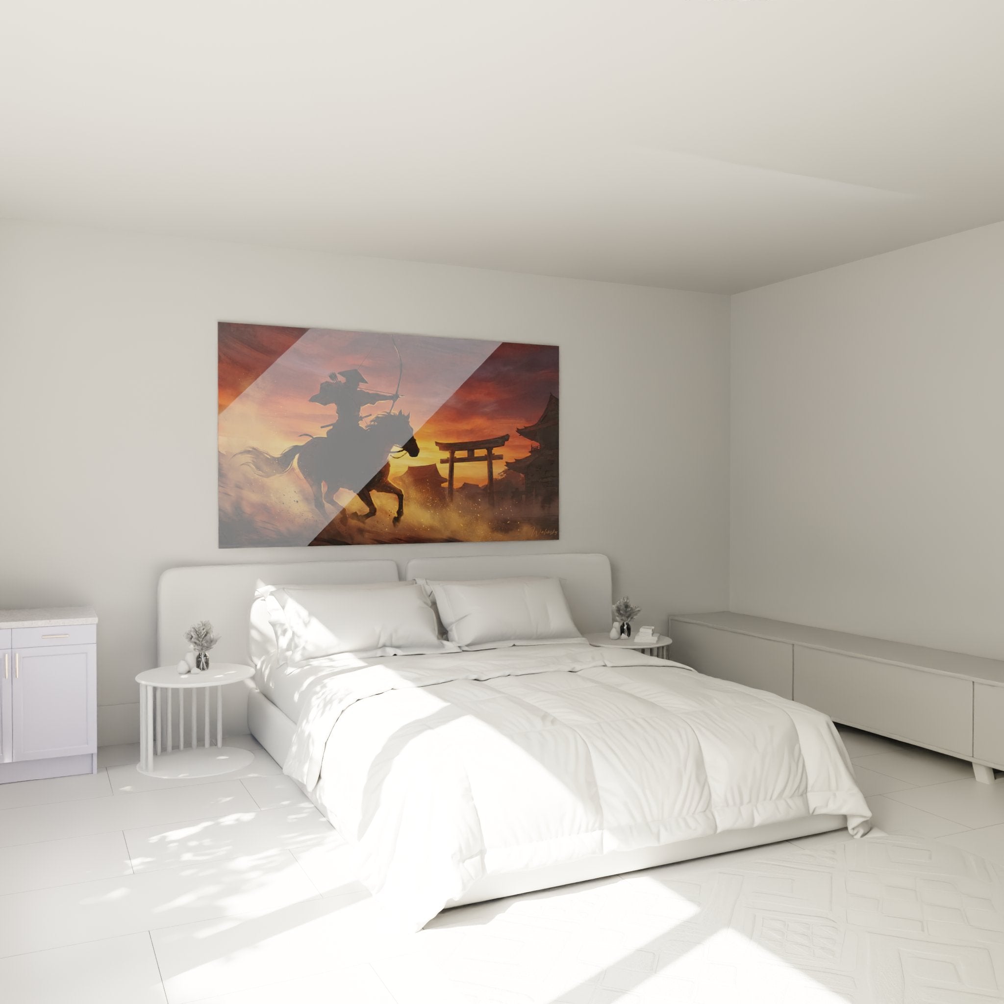 Decorazione murale camera da letto con quadro arciere samurai e cavallo nel paesaggio giapponese al crepuscolo