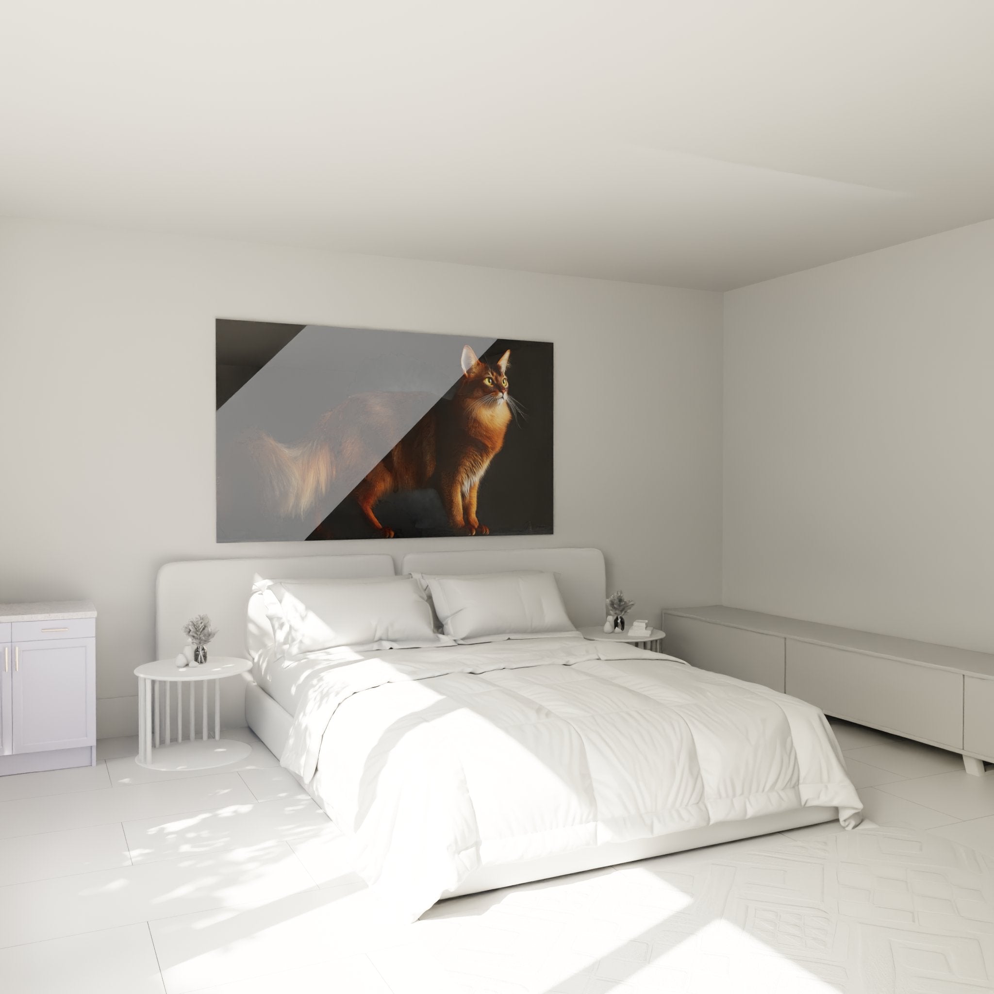 Elegantes Somali-Katzen-Kunstwerk dekoriert ein modernes Schlafzimmer mit sanftem Naturlicht