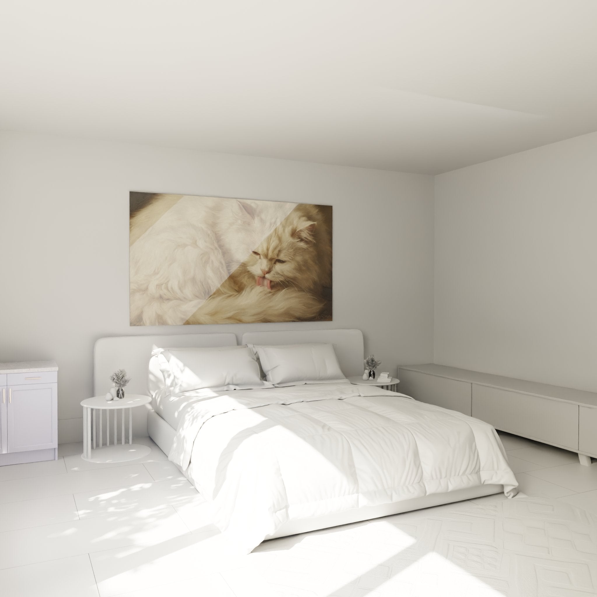White Persian cat grooming painting in modern bedroom, elegant wall decor, cozy ambiance