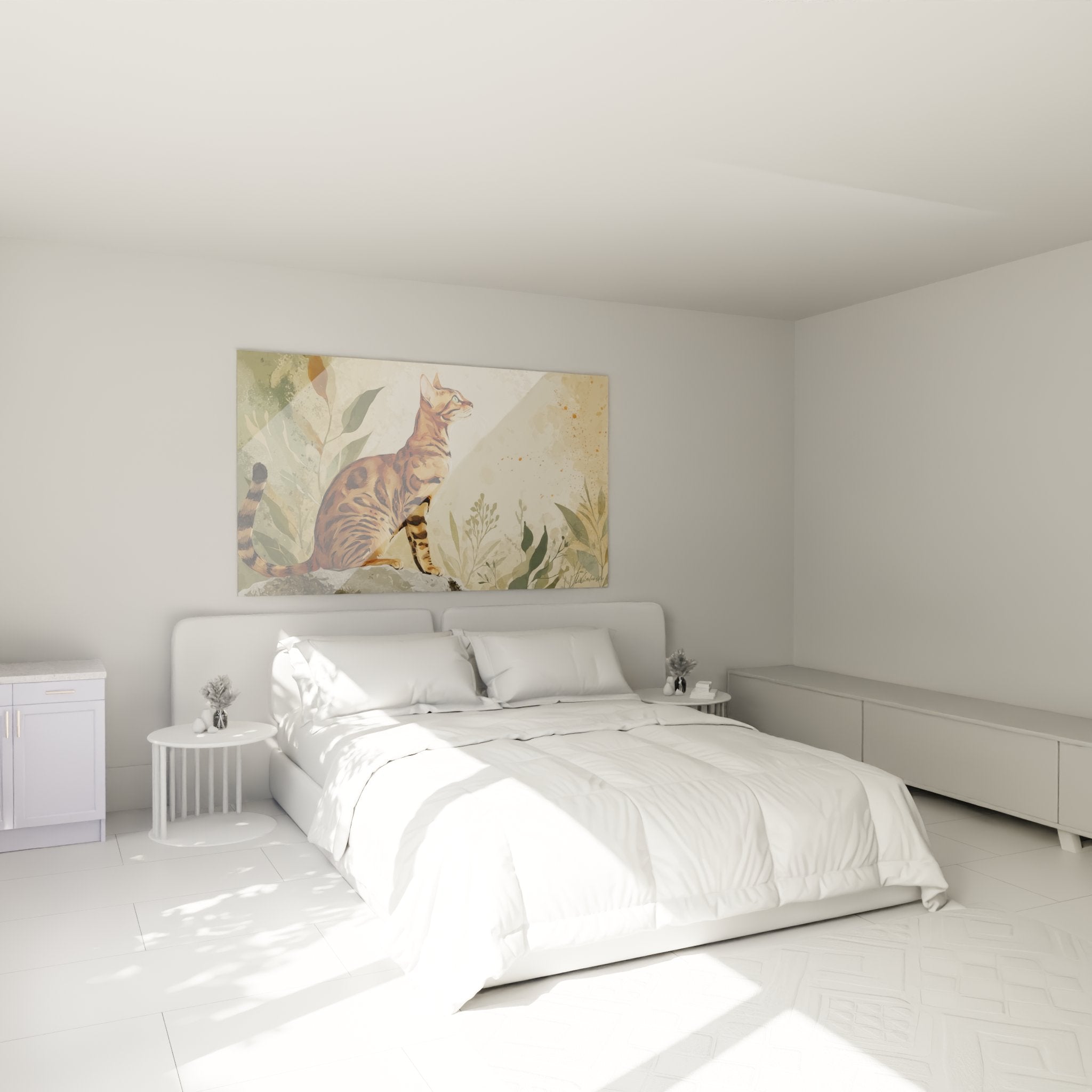 Tableau chat Bengal contemplatif decore chambre moderne ambiance sereine art mural felin botanique