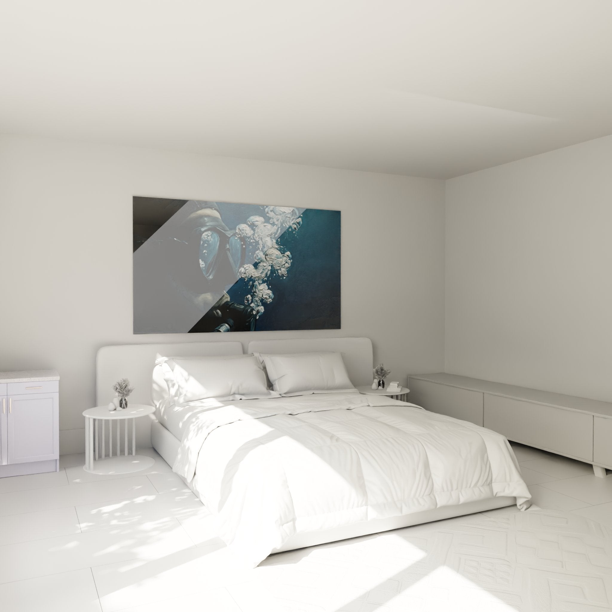 Underwater wall decoration featuring a diver and bubbles in a modern bedroom with blue tones