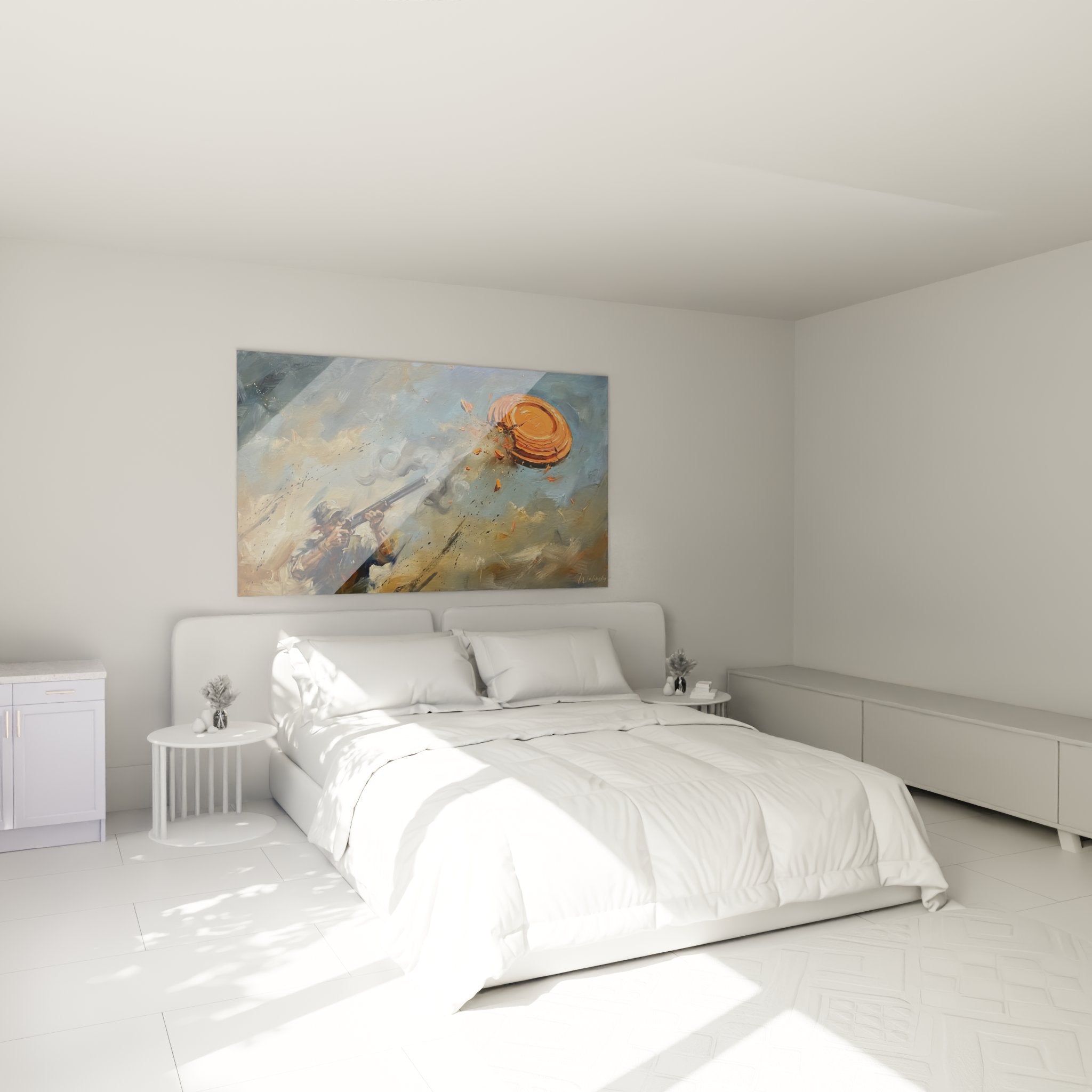Decorazione murale tiro sportivo in una camera da letto maschile con quadro clay target su tela moderna