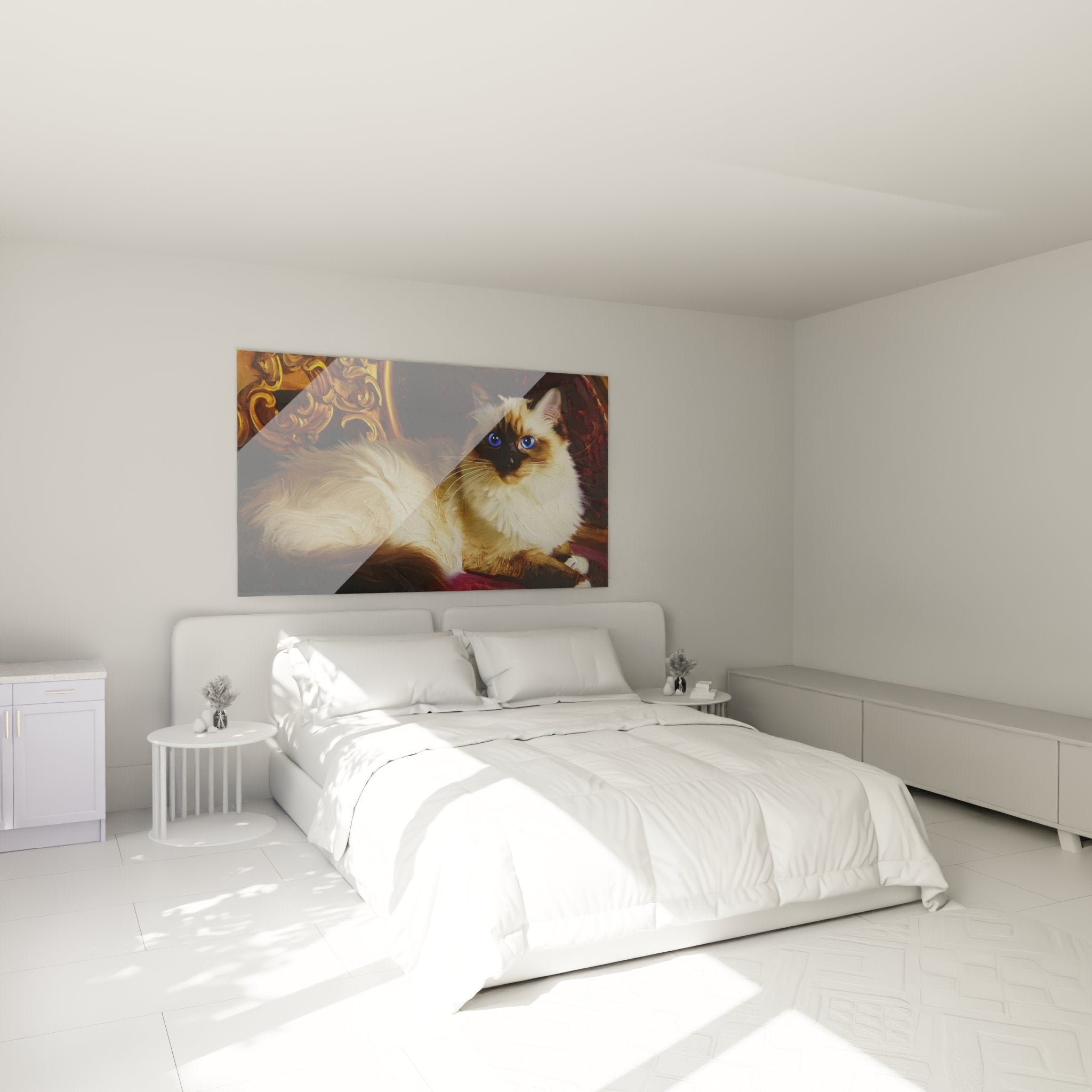 Arredamento camera da letto con quadro gatto birmano su velluto viola, atmosfera raffinata ed elegante per interni