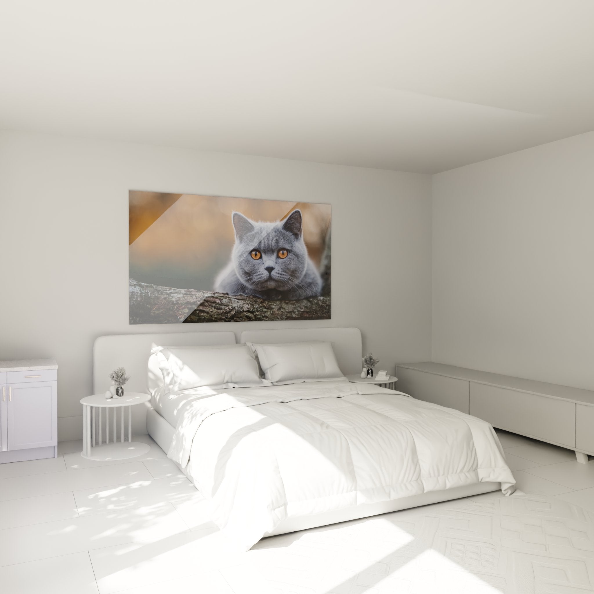 Decorazione murale camera da letto con quadro gatto British Shorthair grigio sguardo intenso atmosfera calda