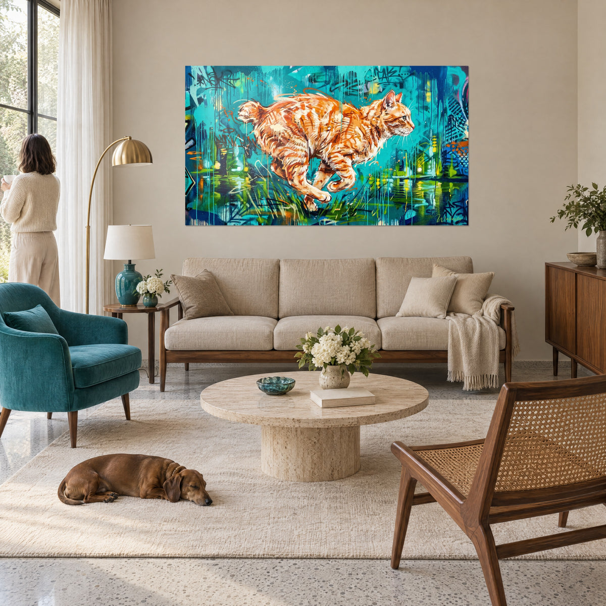Tableau chat roux bondissant, pelage orange rayé de crème sur fond turquoise et vert, au-dessus d'un canapé dans un salon lumineux