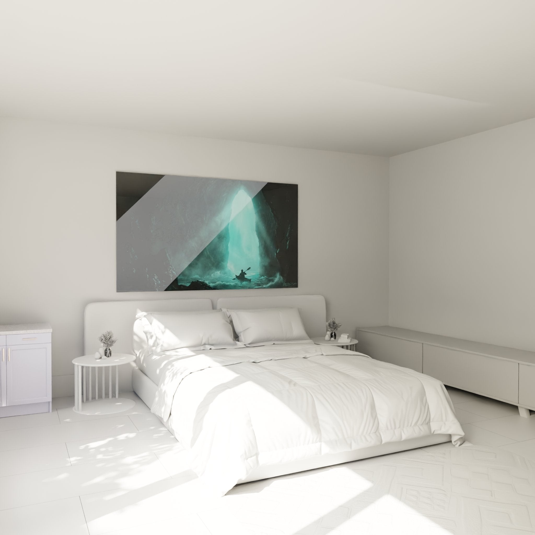 Décoration murale kayak grotte marine ambiance chambre aventure nature turquoise mystique