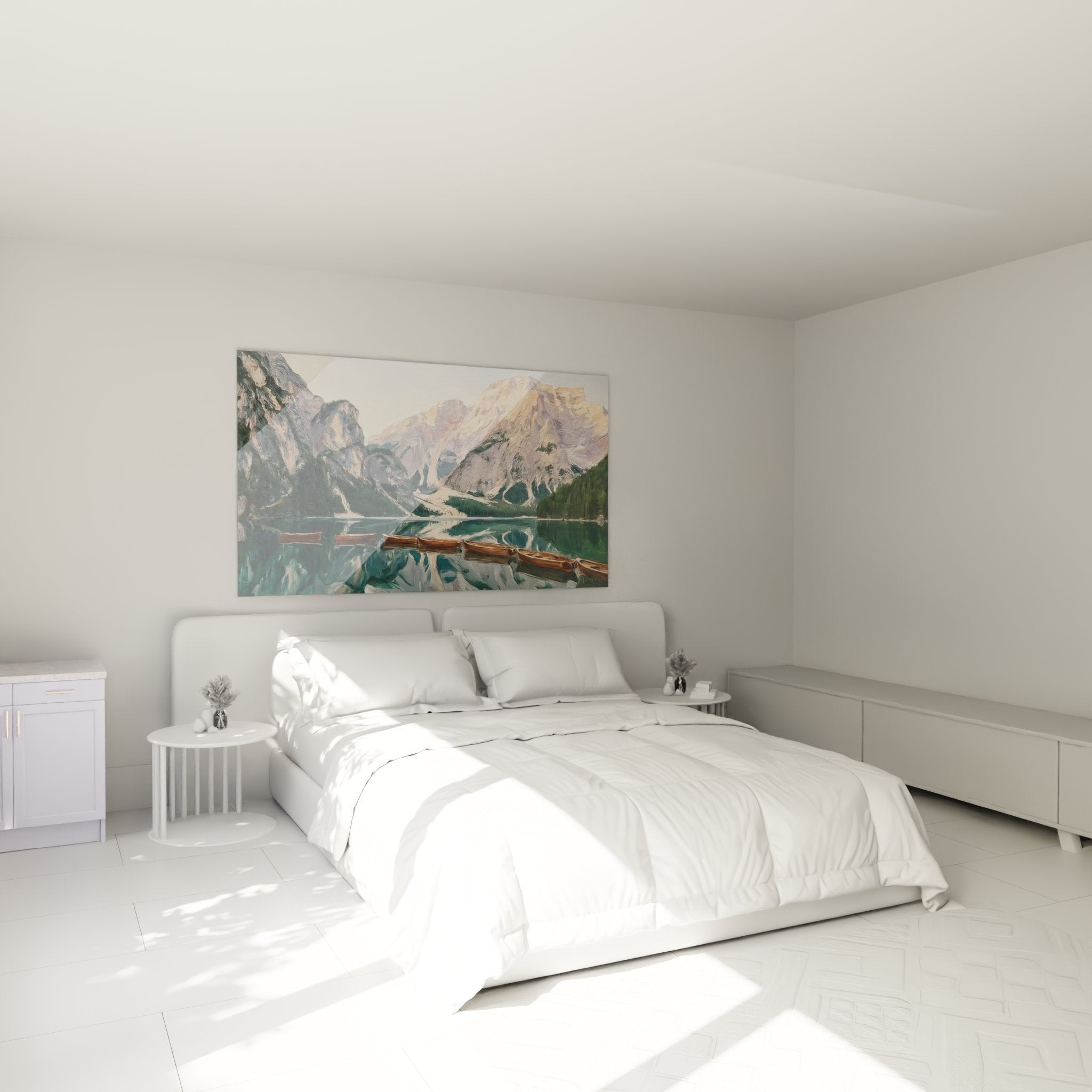 Decorazione murale lago alpino con barche in camera moderna stile montagna