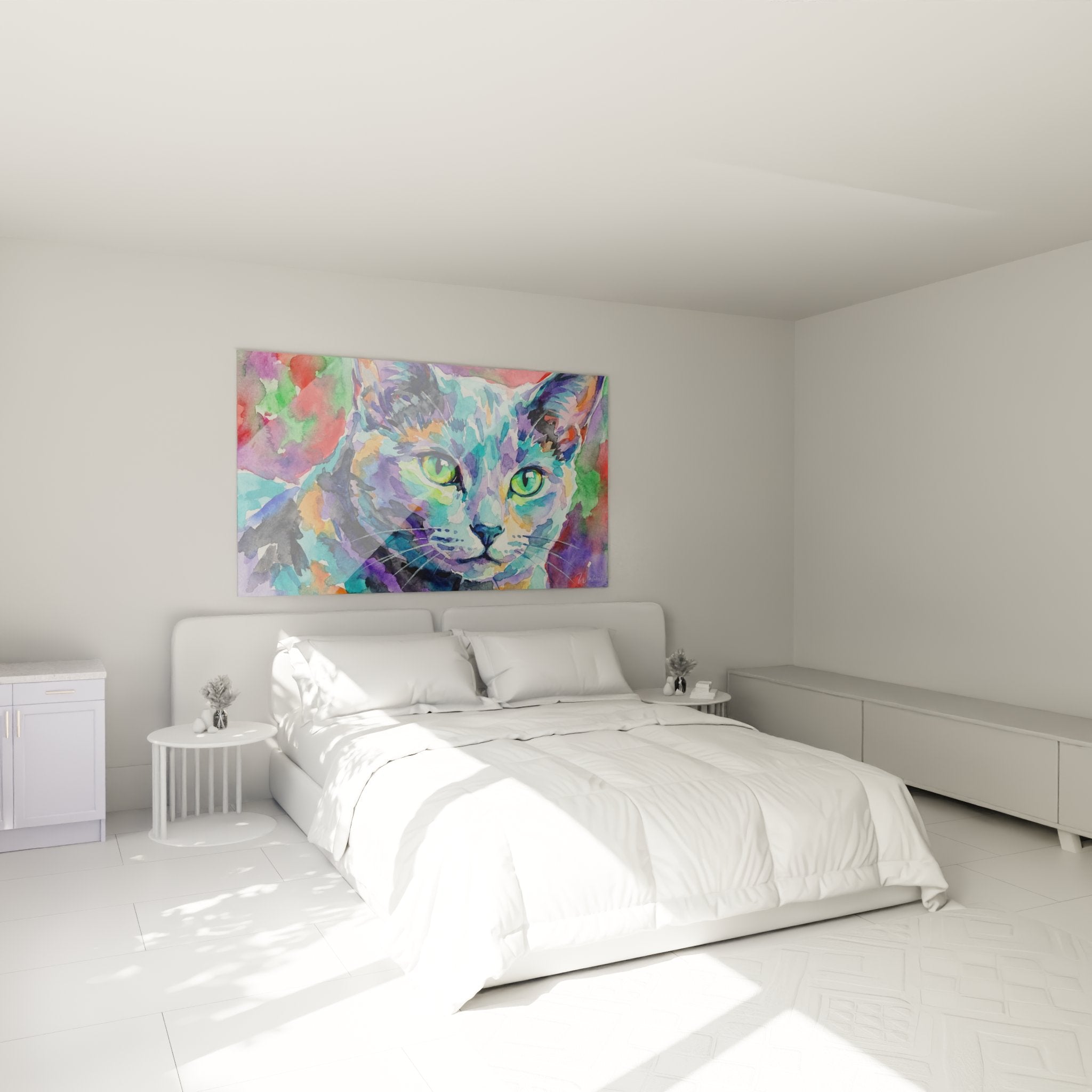 Tableau chat aquarelle Russian Blue dans chambre moderne, décoration murale artistique aux couleurs vives