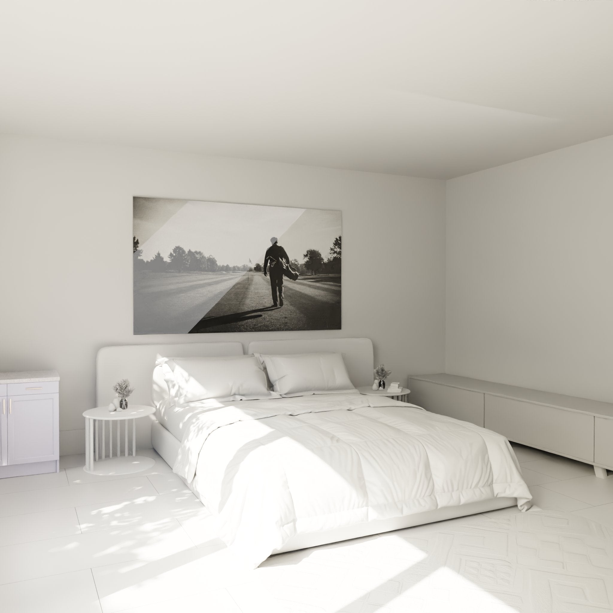 Decoration murale golf dans chambre - golfeur solitaire sur parcours en noir et blanc style artistique
