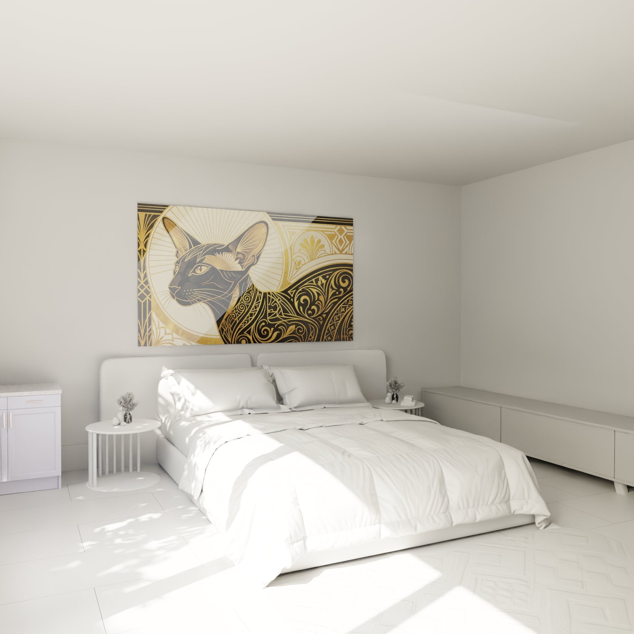 Décoration chambre avec tableau chat Oriental doré Art Déco créant ambiance luxueuse et sophistiquée