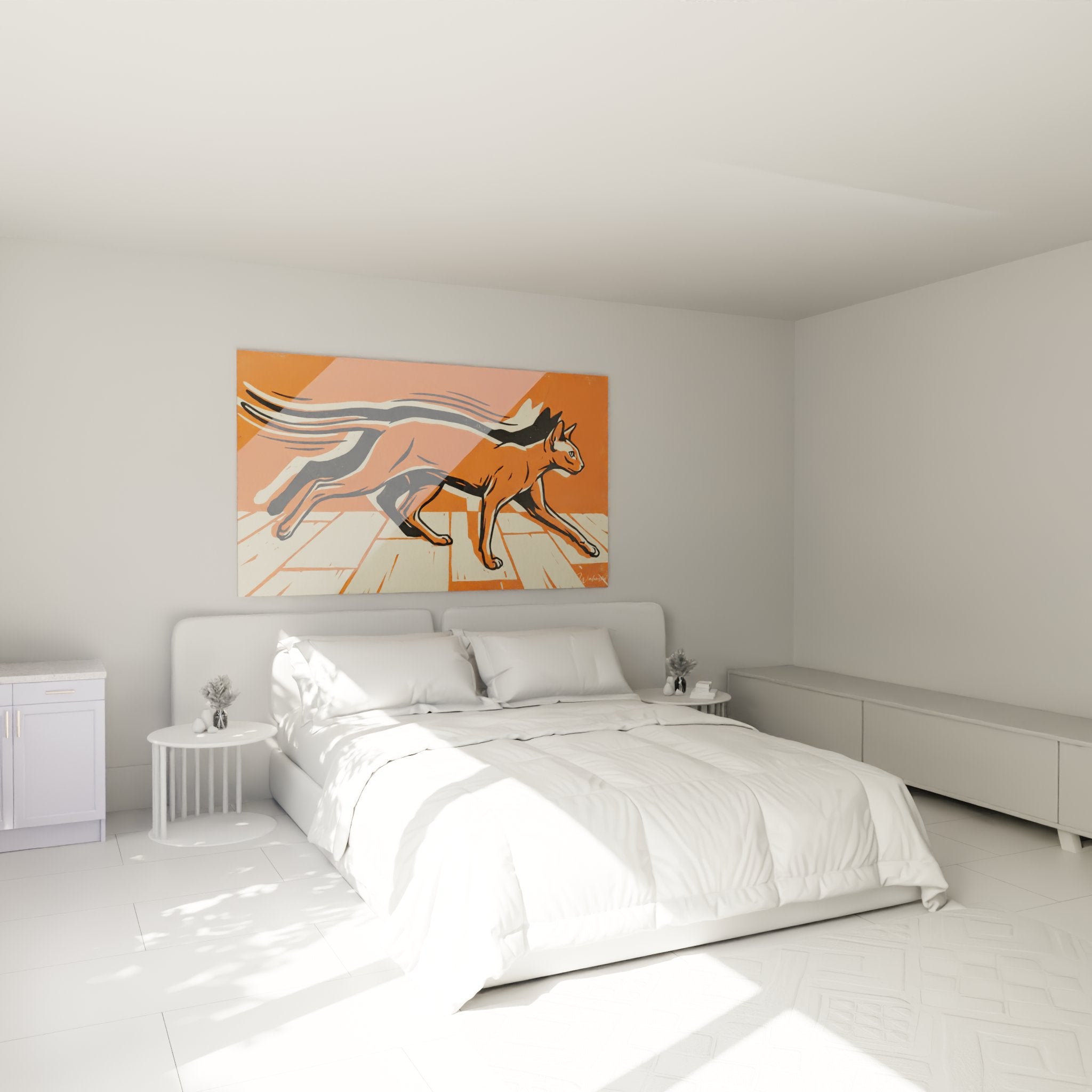 Decorazione murale camera da letto con quadro gatto arancione moderno che crea un'atmosfera calda e dinamica
