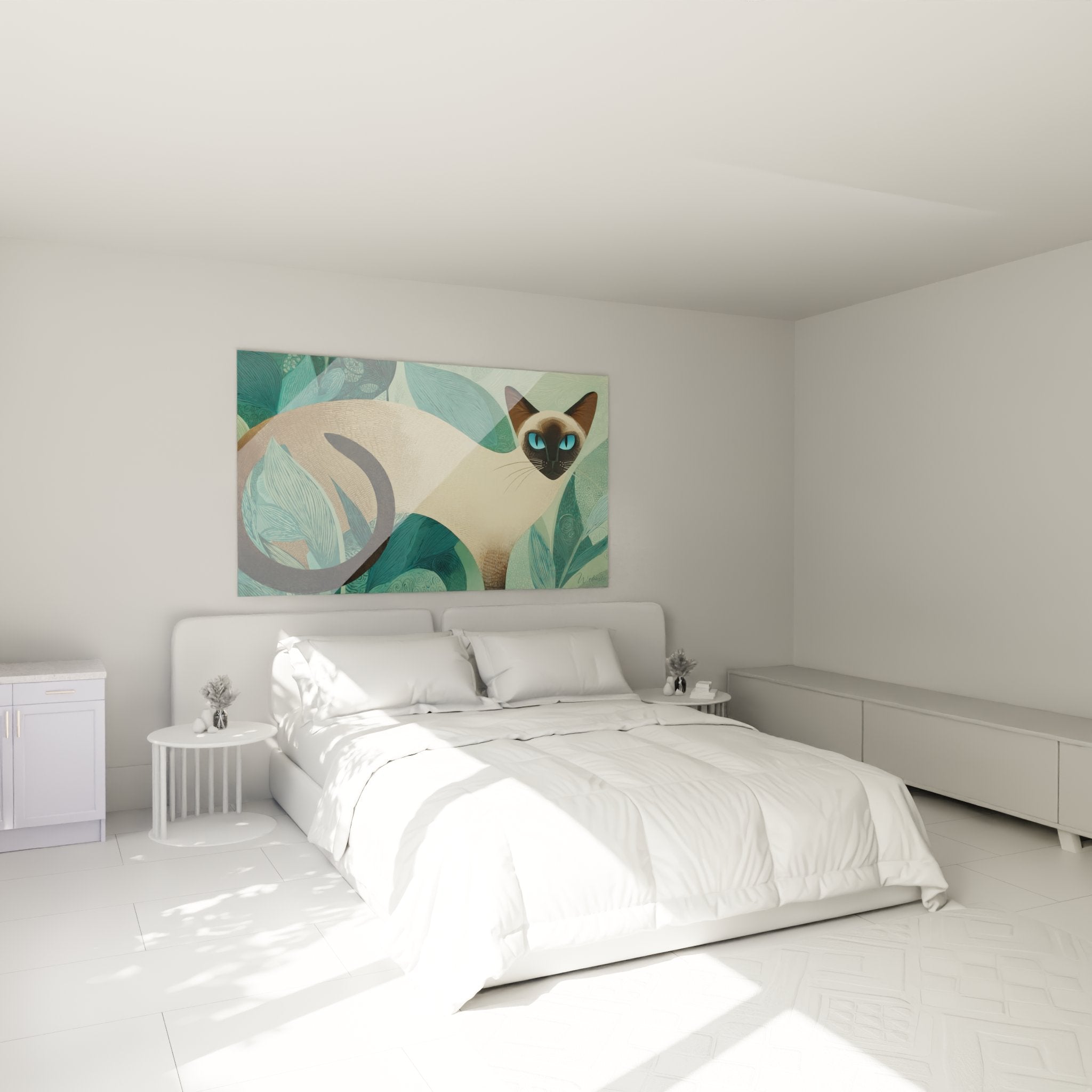 Quadro gatto siamese tropicale appeso in camera moderna, che apporta eleganza e serenità