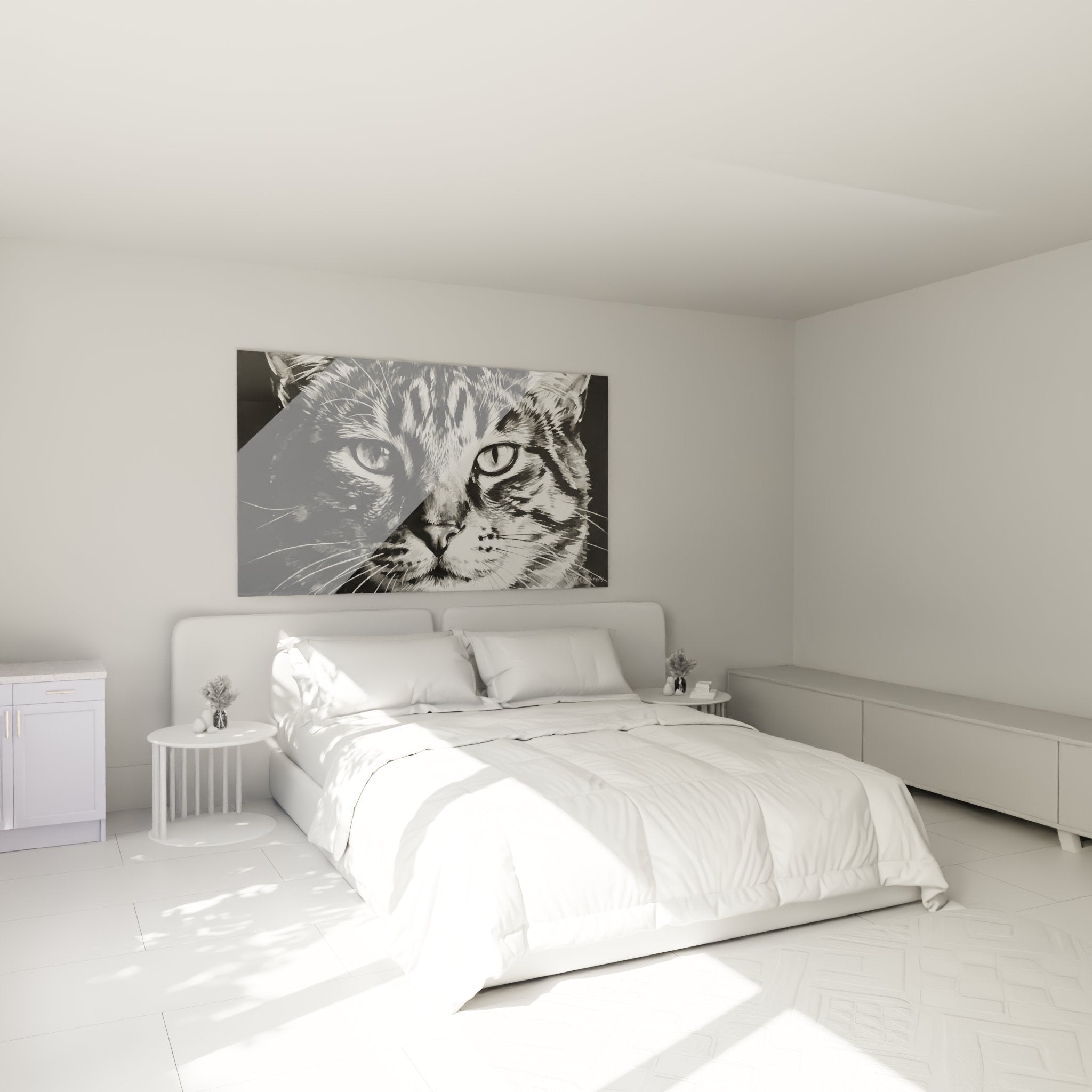 Portrait chat American Bobtail noir blanc dans chambre moderne, tableau décoratif mural au-dessus du lit