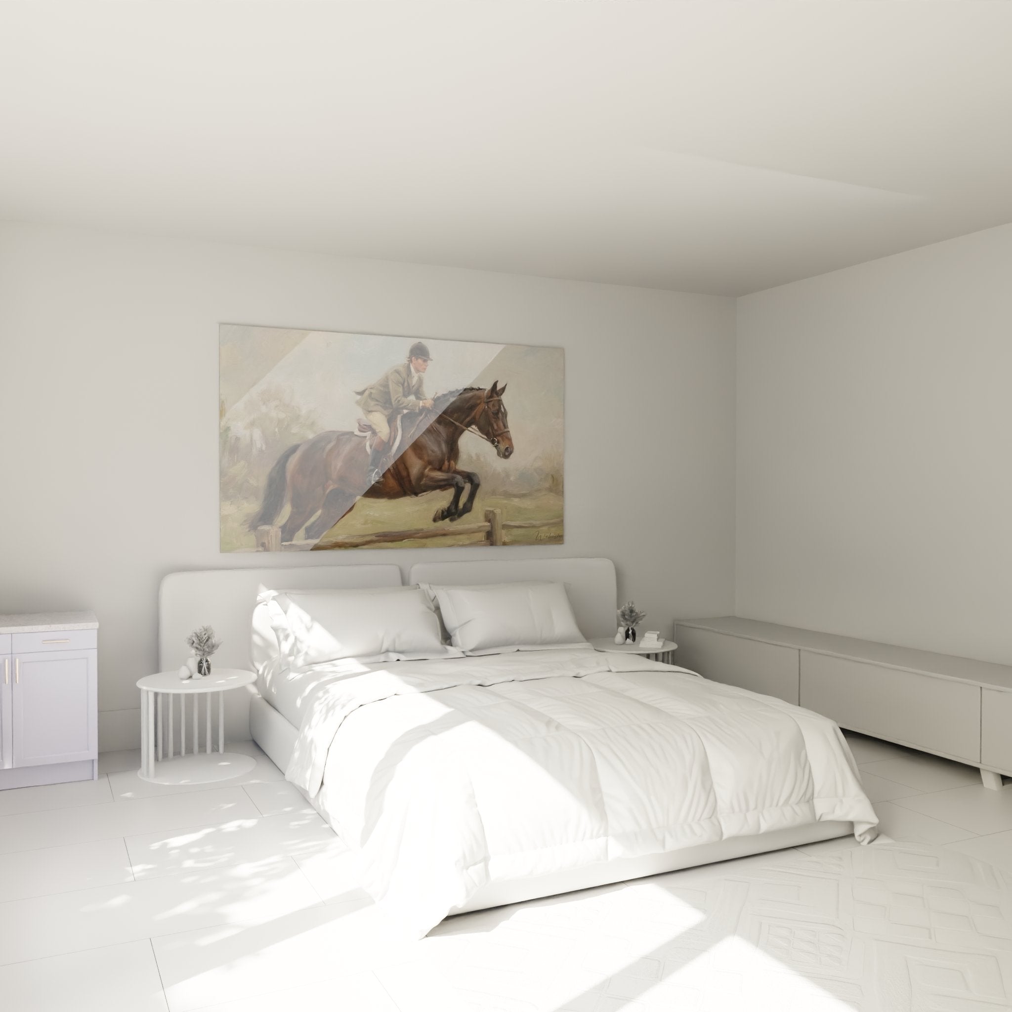 Décoration murale équestre dans chambre avec tableau saut obstacle cavalier hunter sur cheval brun