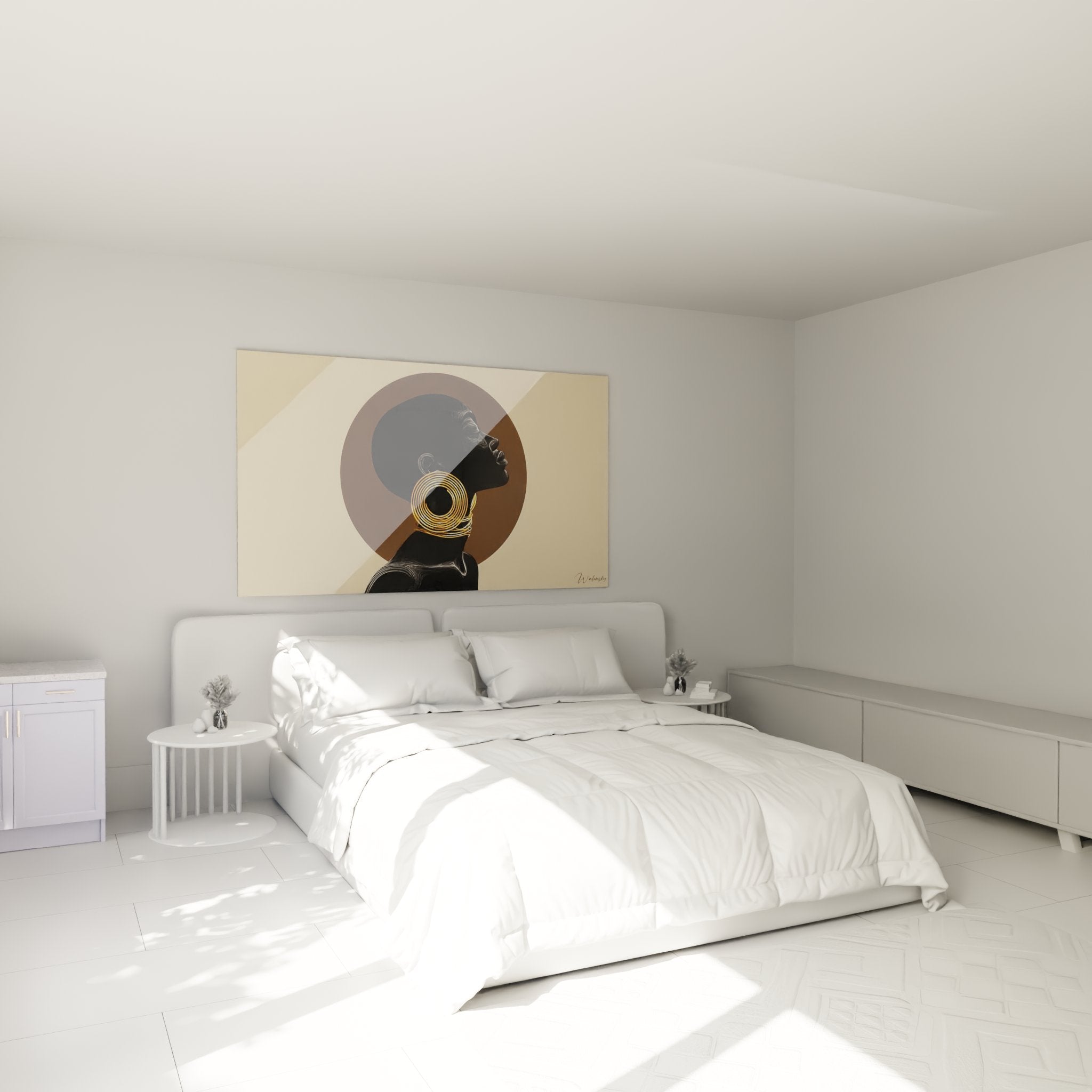 Decorazione camera da letto con quadro profilo donna africana, atmosfera calda e sofisticata, arte murale