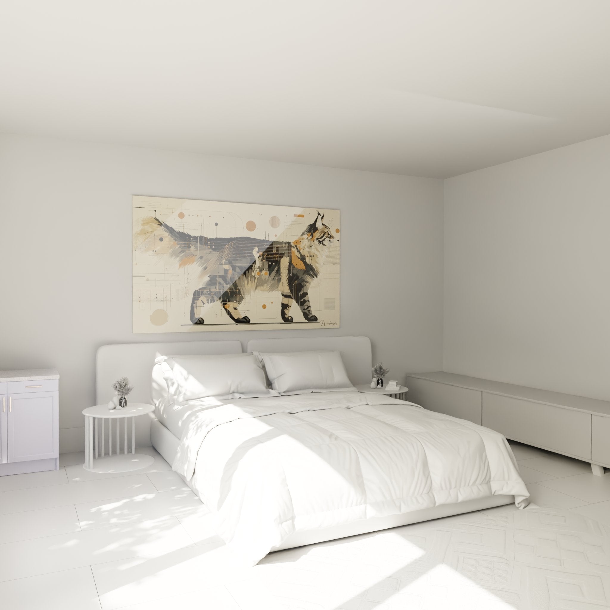 Wanddekoration Maine Coon Katze abstrakt digital im modernen Schlafzimmer zeitgenössischer Beige-Stil