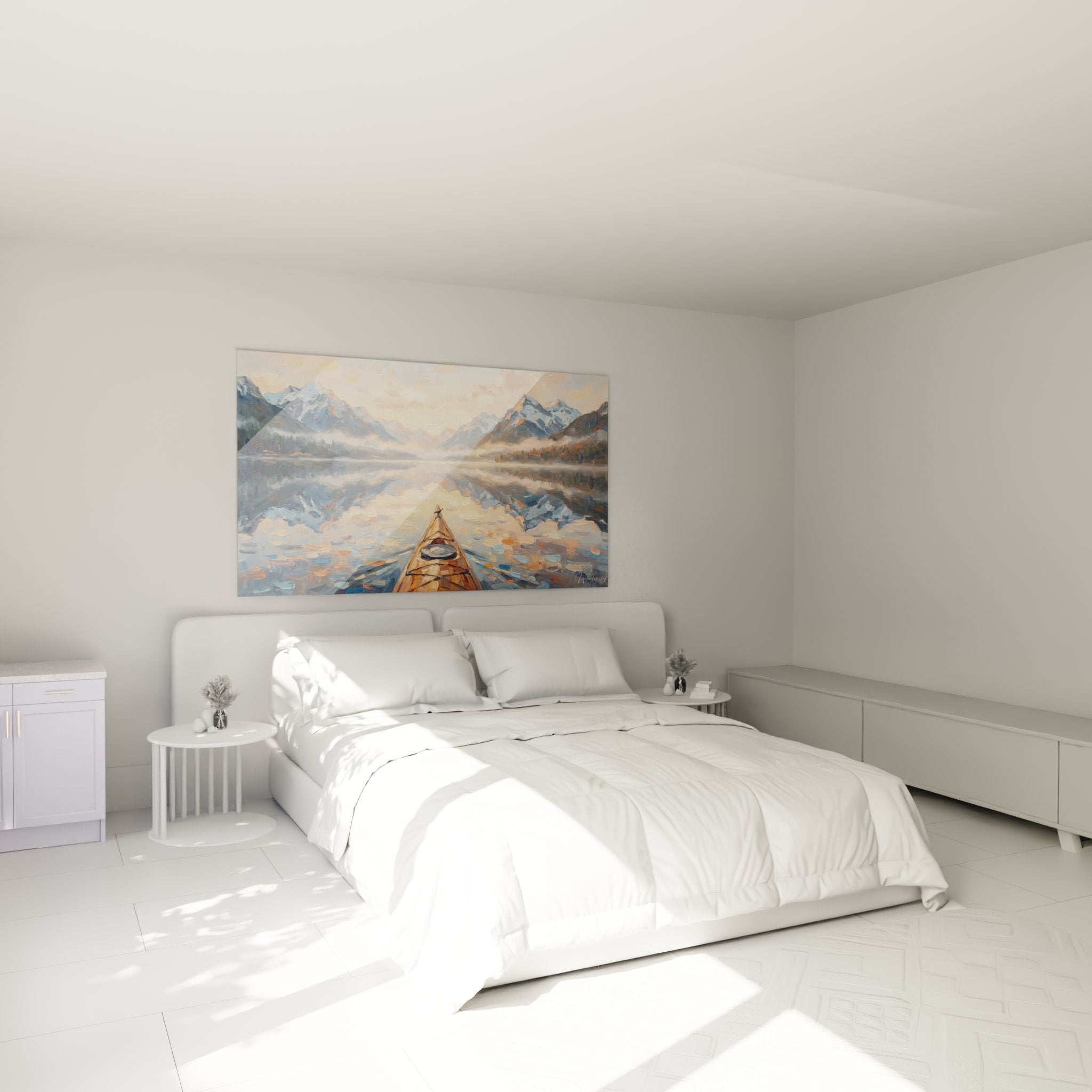 Kayak lake mountain wall art in modern bedroom, golden reflections creating a warm and soothing atmosphere