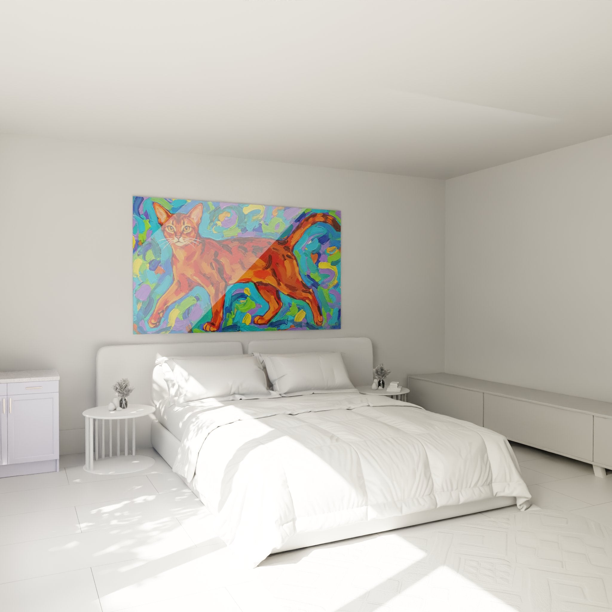 Expressionist Abyssinian cat painting hung on the wall of a modern bedroom