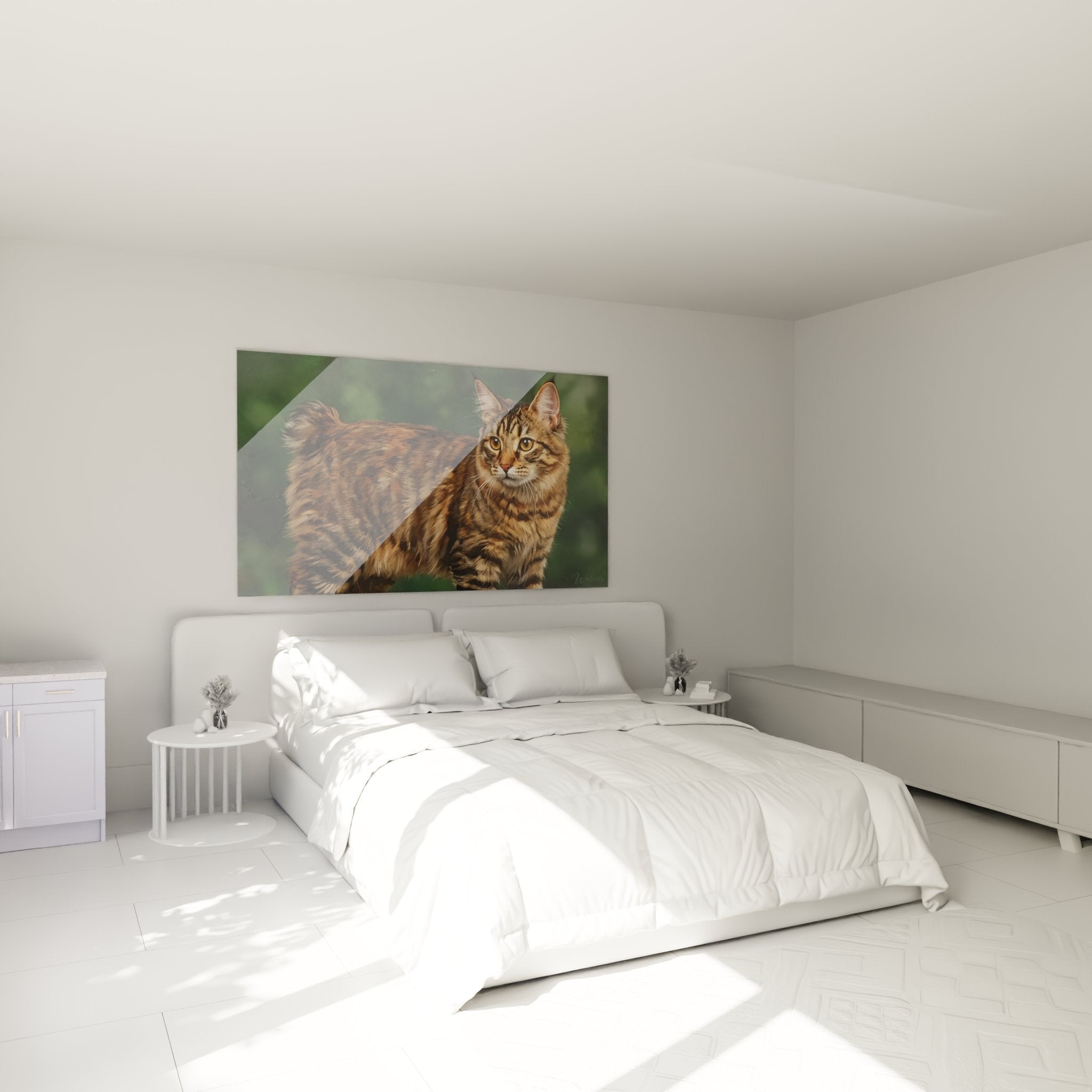 Décoration murale chambre avec tableau chat American Bobtail tigré, ambiance cosy et élégante