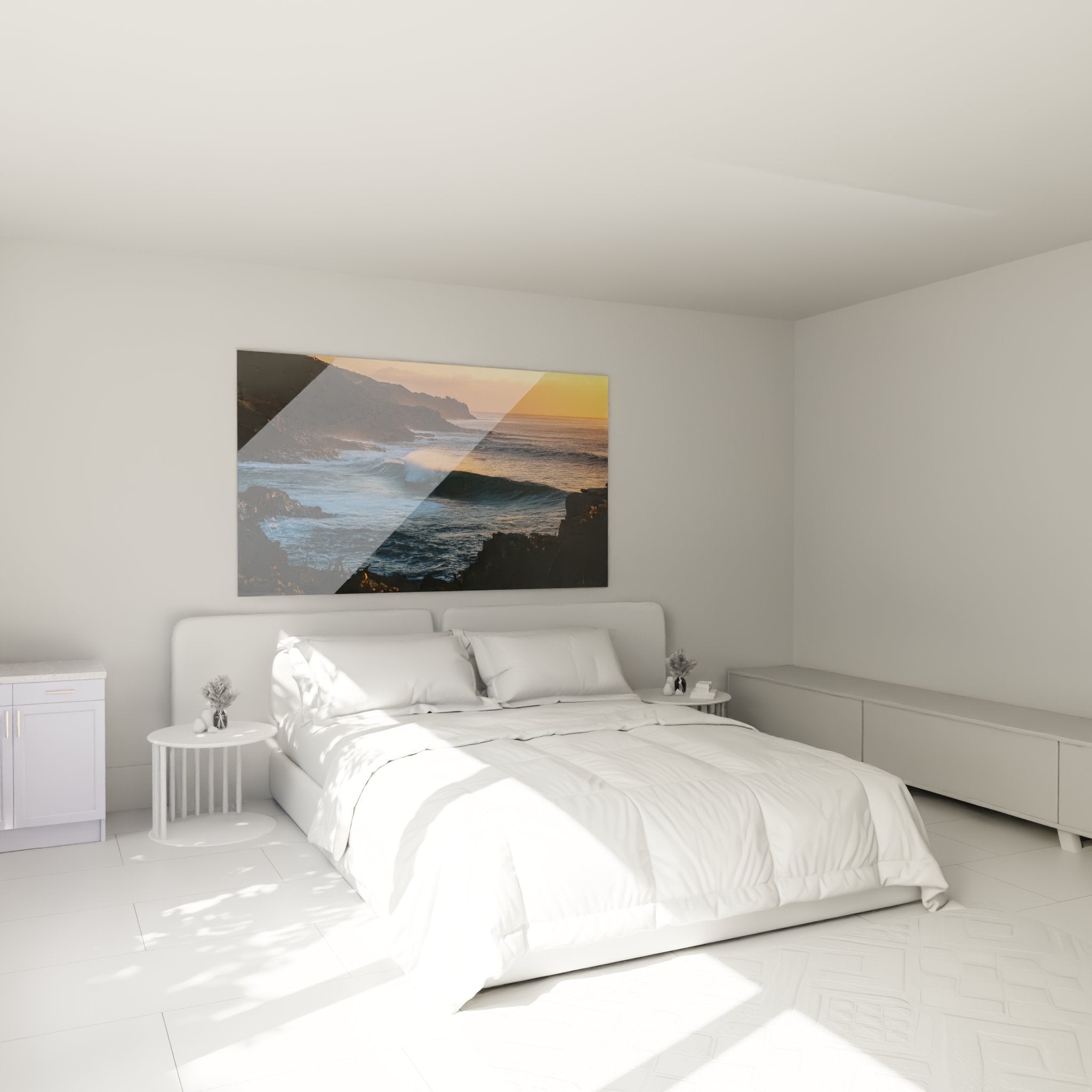 Surfing wave sunset canvas in modern bedroom - oceanic wall art zen atmosphere