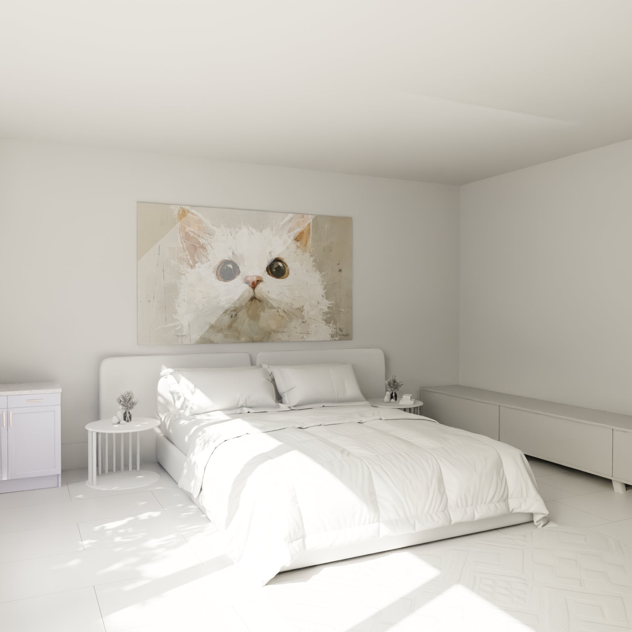 Décoration murale chat blanc dans une chambre moderne, tableau American Bobtail aux yeux verts au-dessus du lit