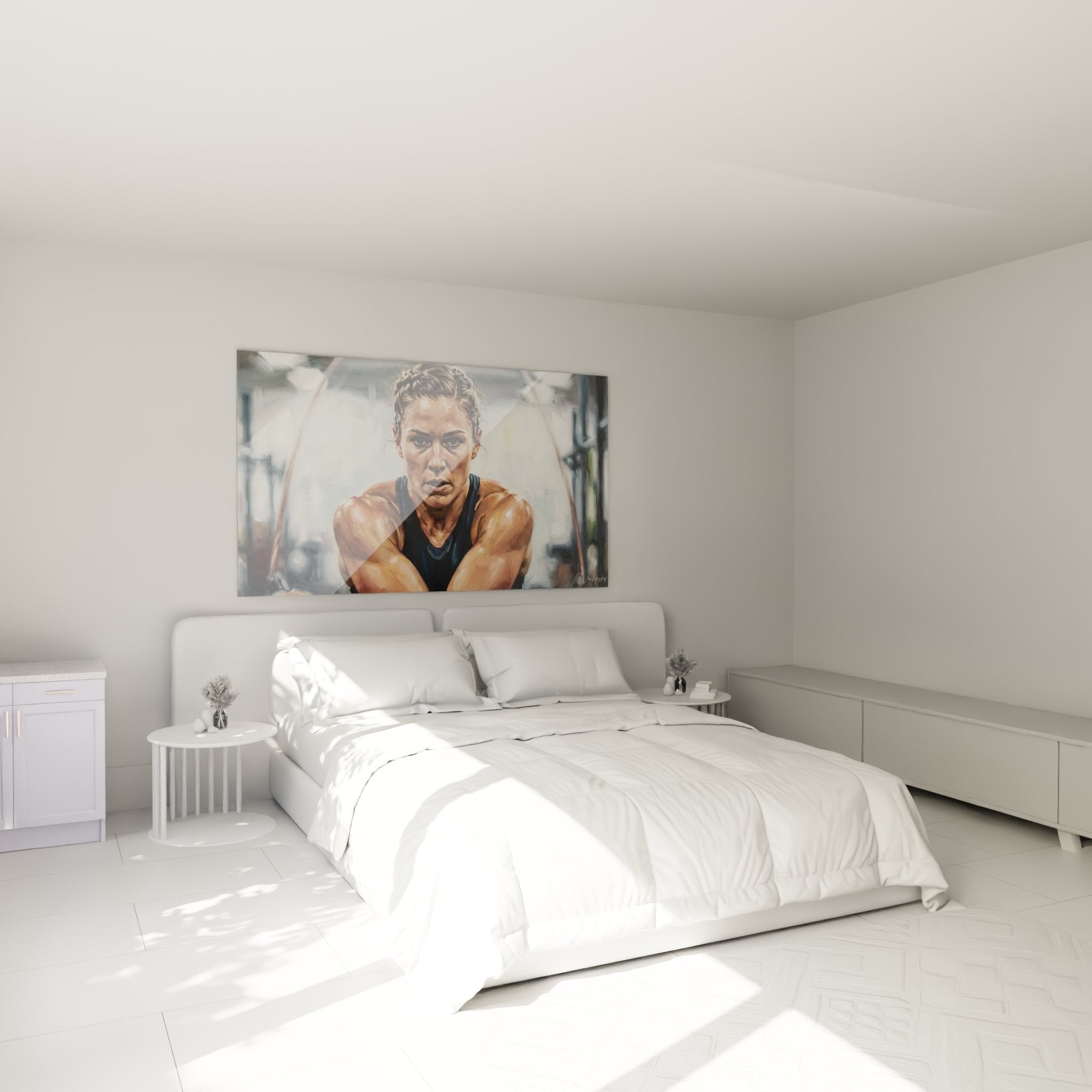 Wanddekoration Bild sportliche Frau Fitness im modernen Schlafzimmer Wellness-Stil Motivation