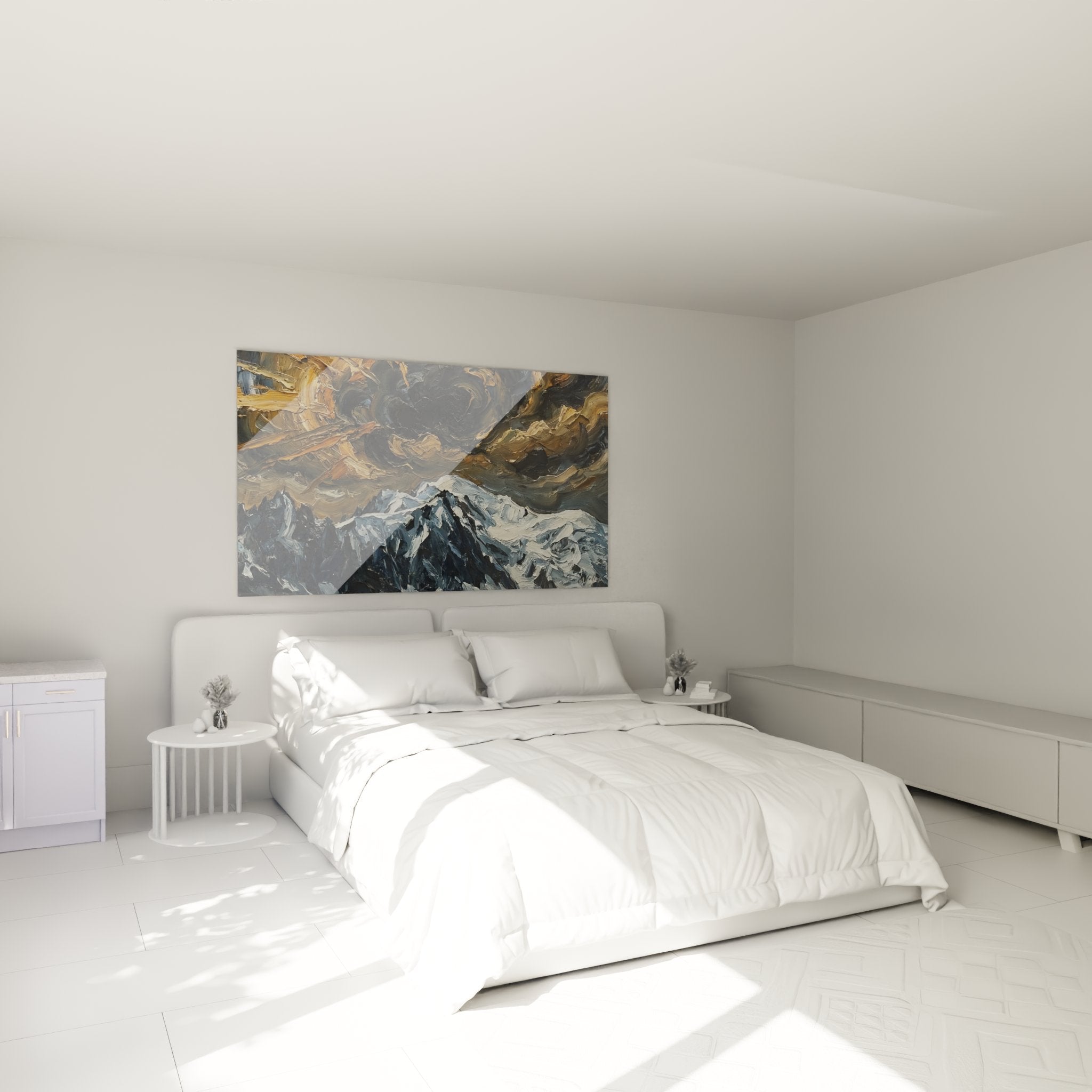 Alpine mountain painting in modern bedroom, oil painting dramatic sky and snowy peaks on white wall