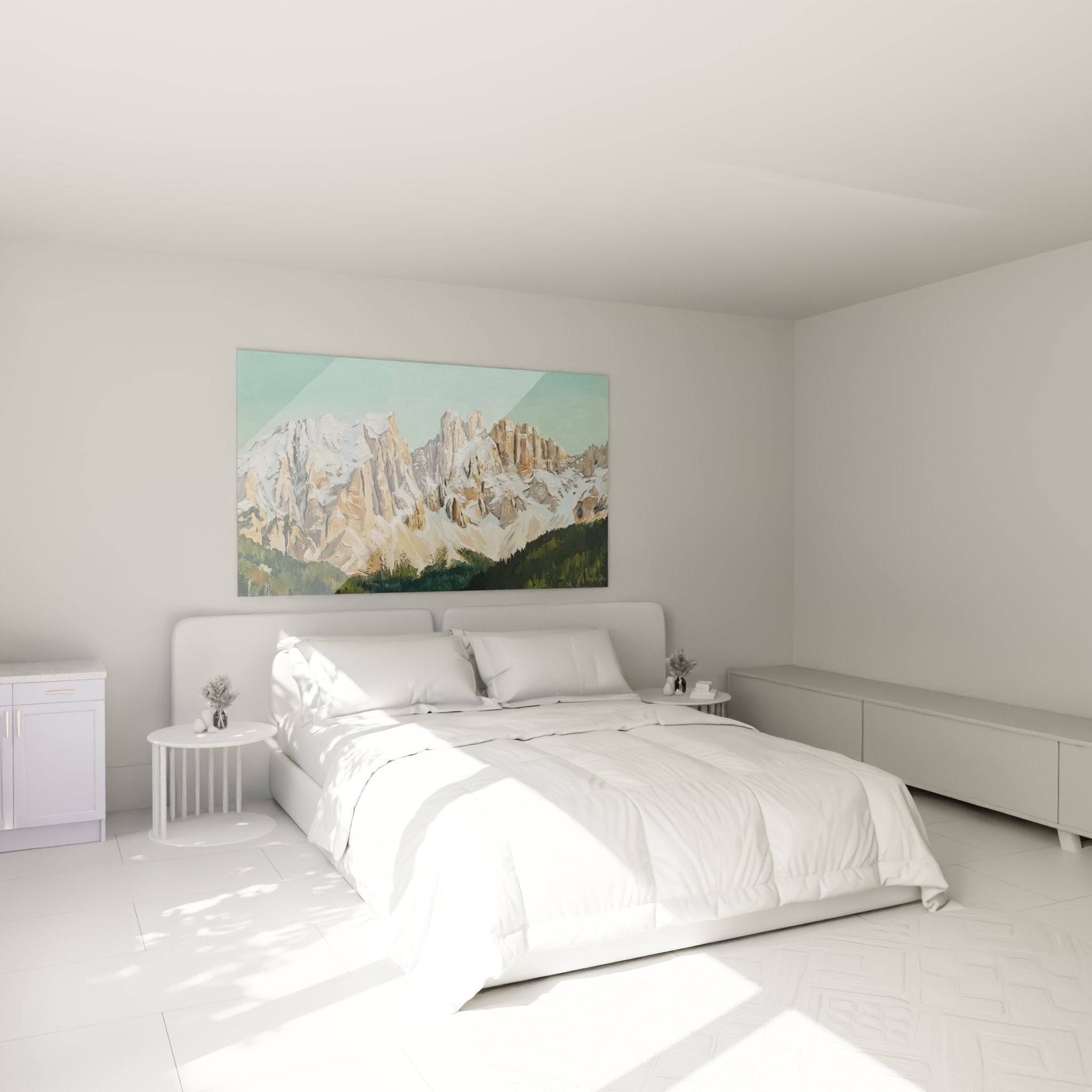 Mountain bedroom decor with Dolomites wall art - alpine and nature ambiance for modern interior