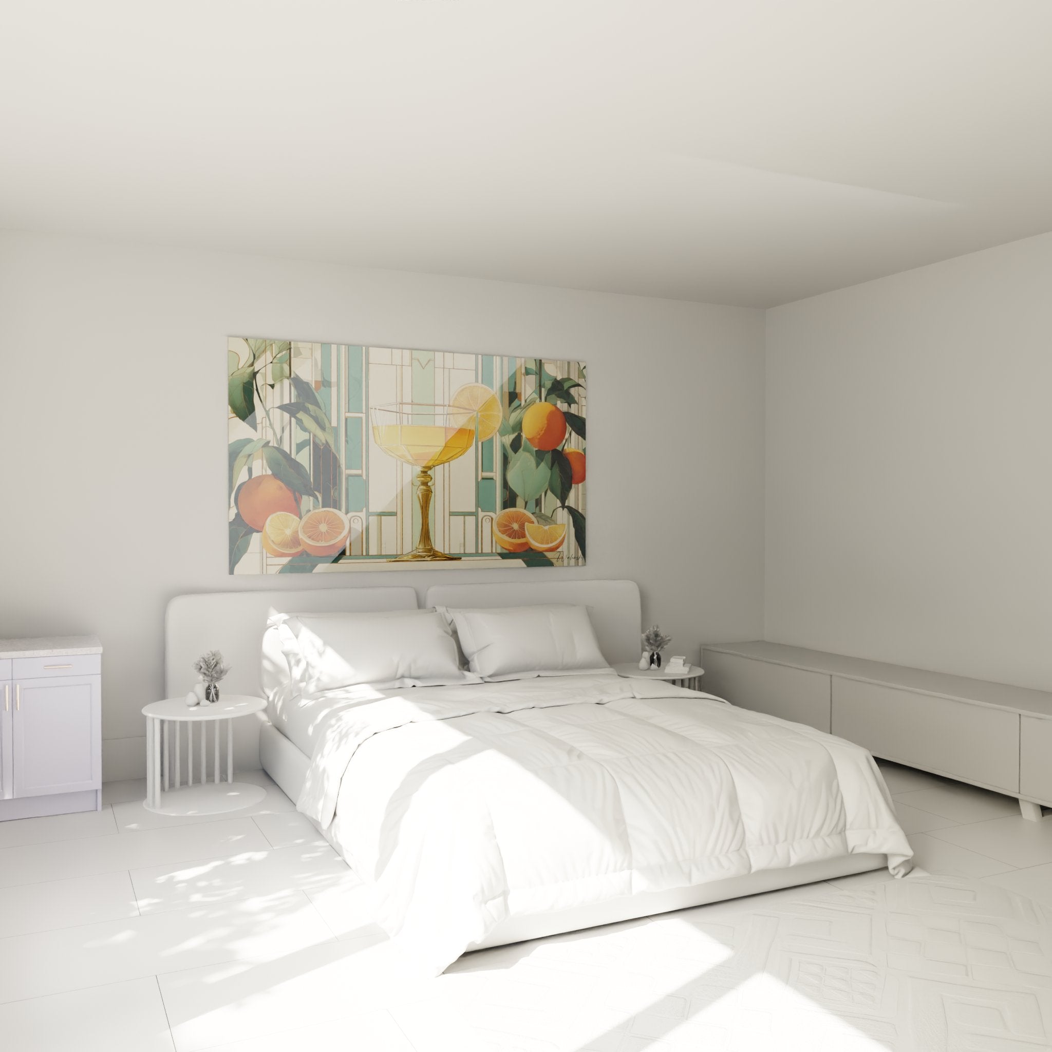 Tableau art déco oranges et cocktail dans chambre moderne, décoration murale vintage élégante