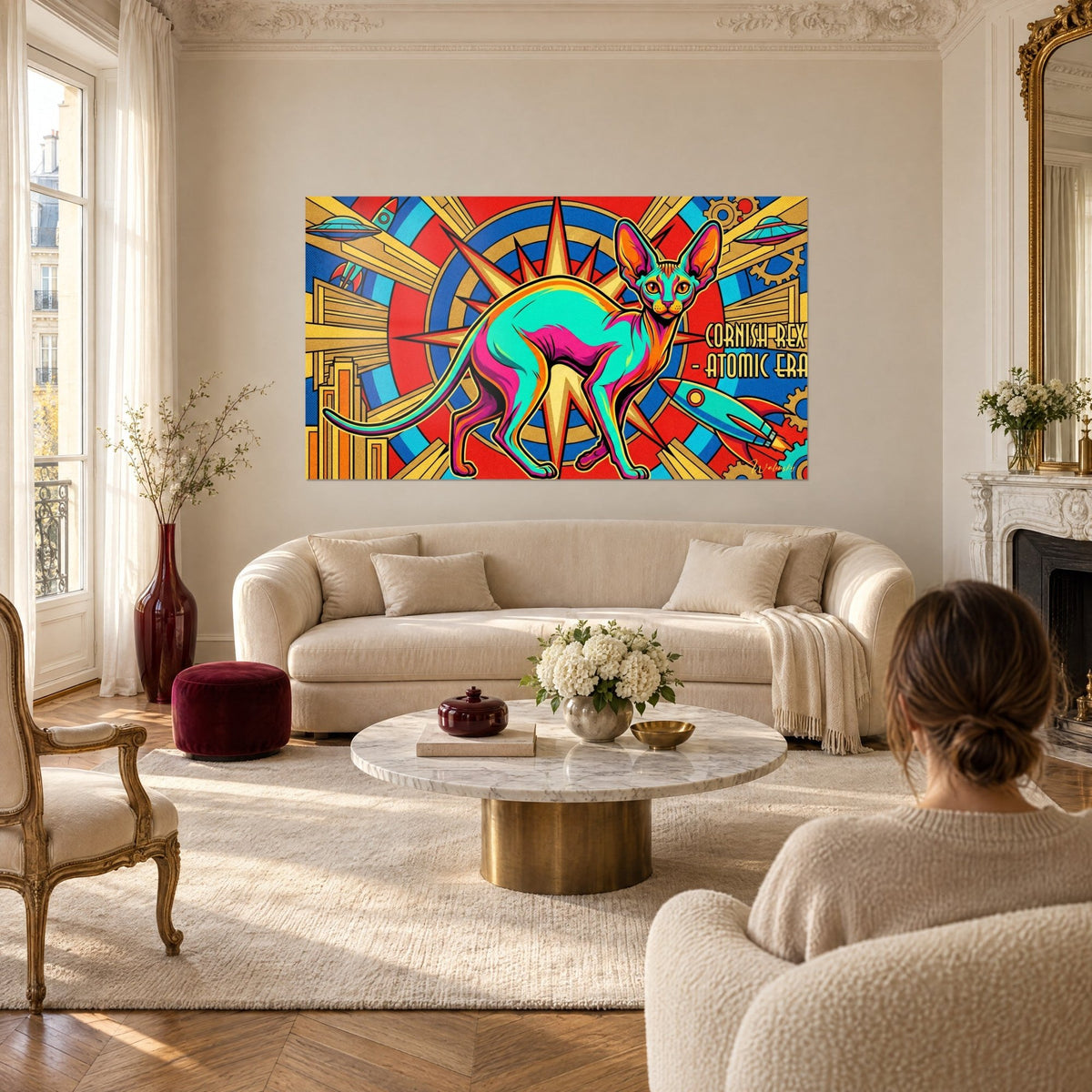 Tableau chat Cornish Rex turquoise et rose sur étoile dorée Art Déco, fusées et soucoupes, au-dessus d'un canapé dans un salon lumineux