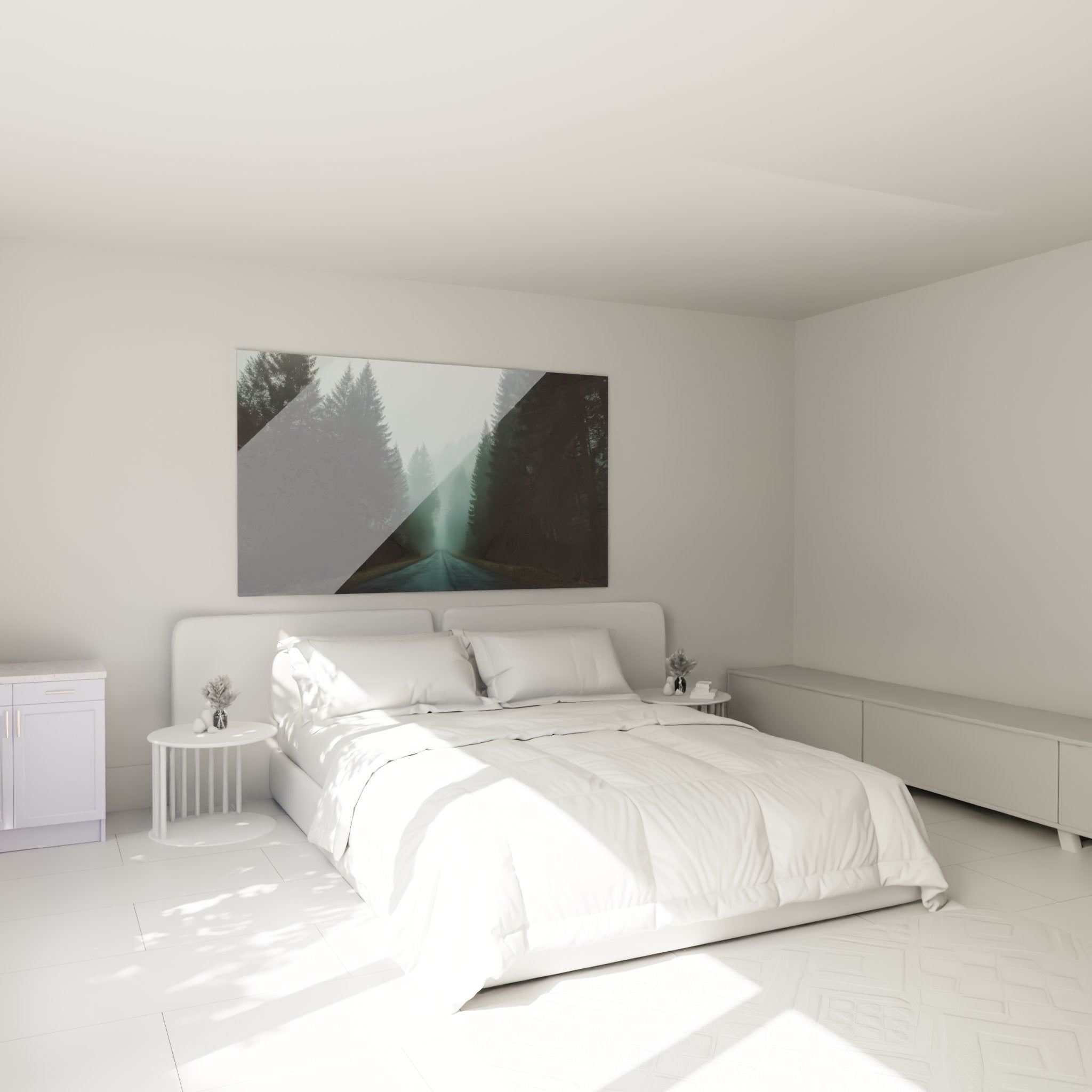 Décoration murale tableau route Vosges brume installé dans chambre ambiance cosy montagne