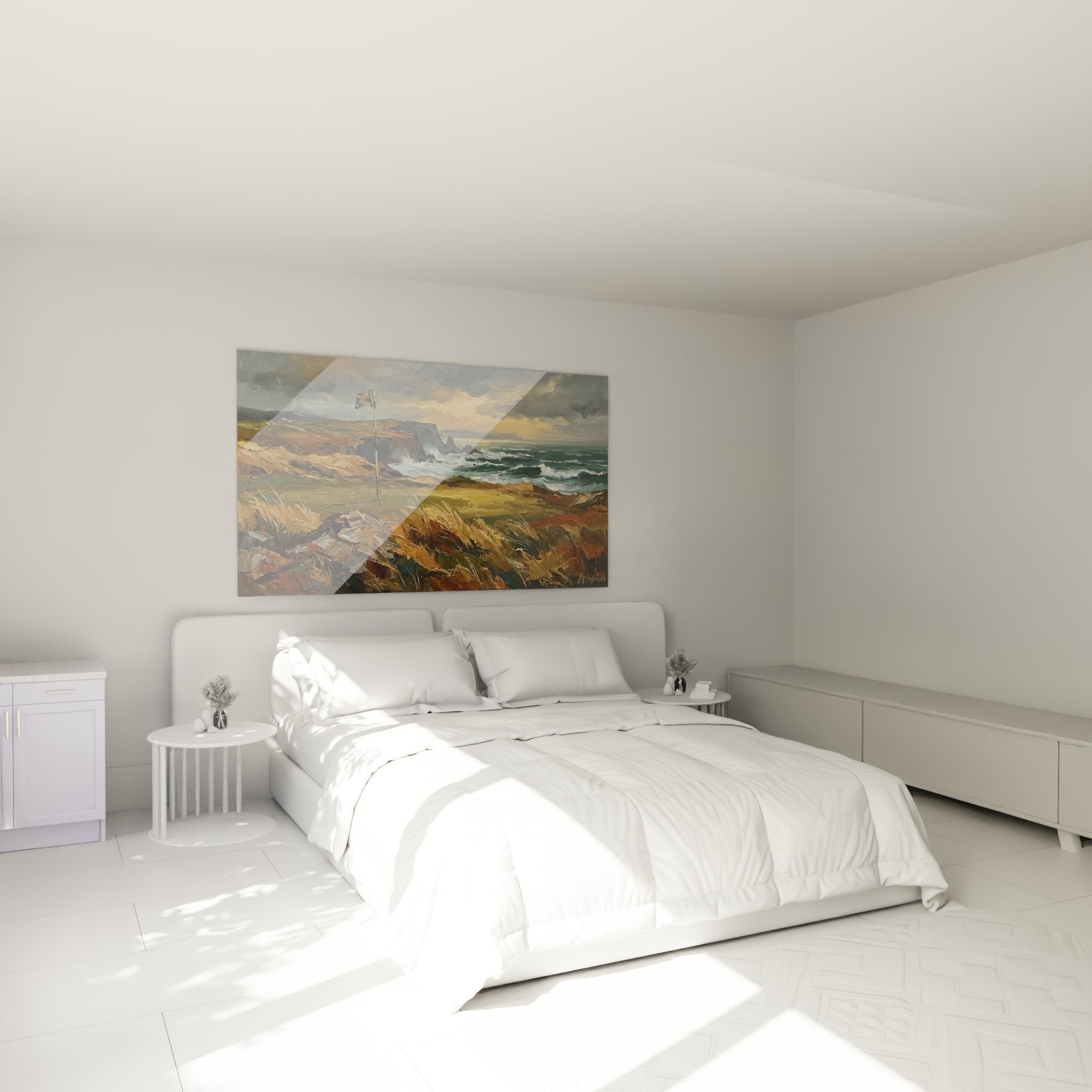 Décoration murale golf dans chambre, tableau paysage marin avec terrain golf côtier moderne