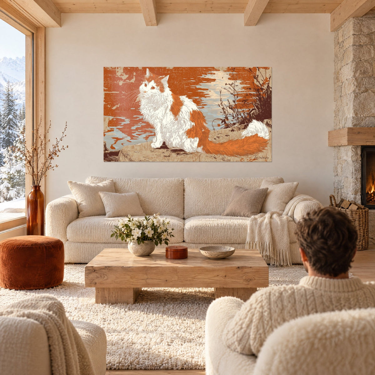 Gemälde Turkish-Van-Katze rot und weiß sitzend, Blick orange, Vintage-Gravur, über einem Sofa in einem hellen Wohnzimmer