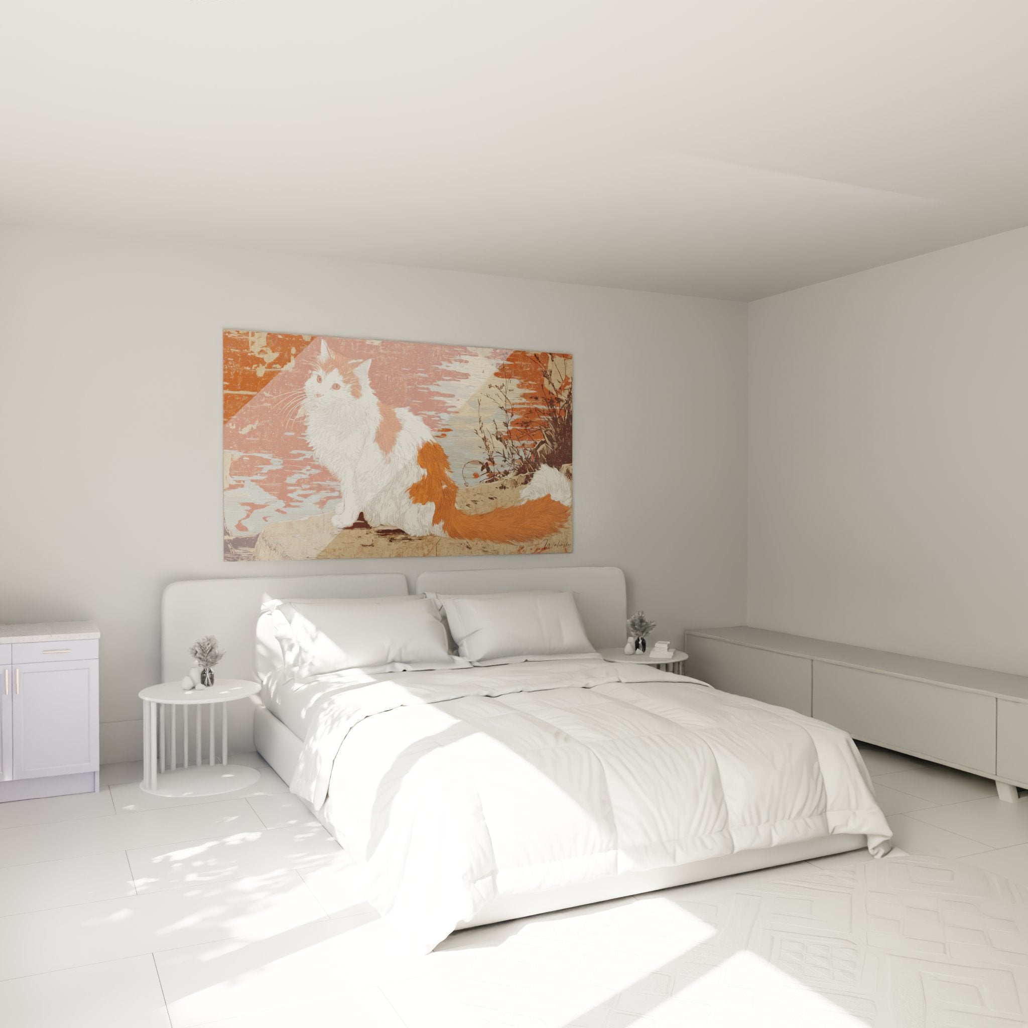 Wall decoration bedroom with Turkish Van cat painting vintage engraving warm tones cosy atmosphere