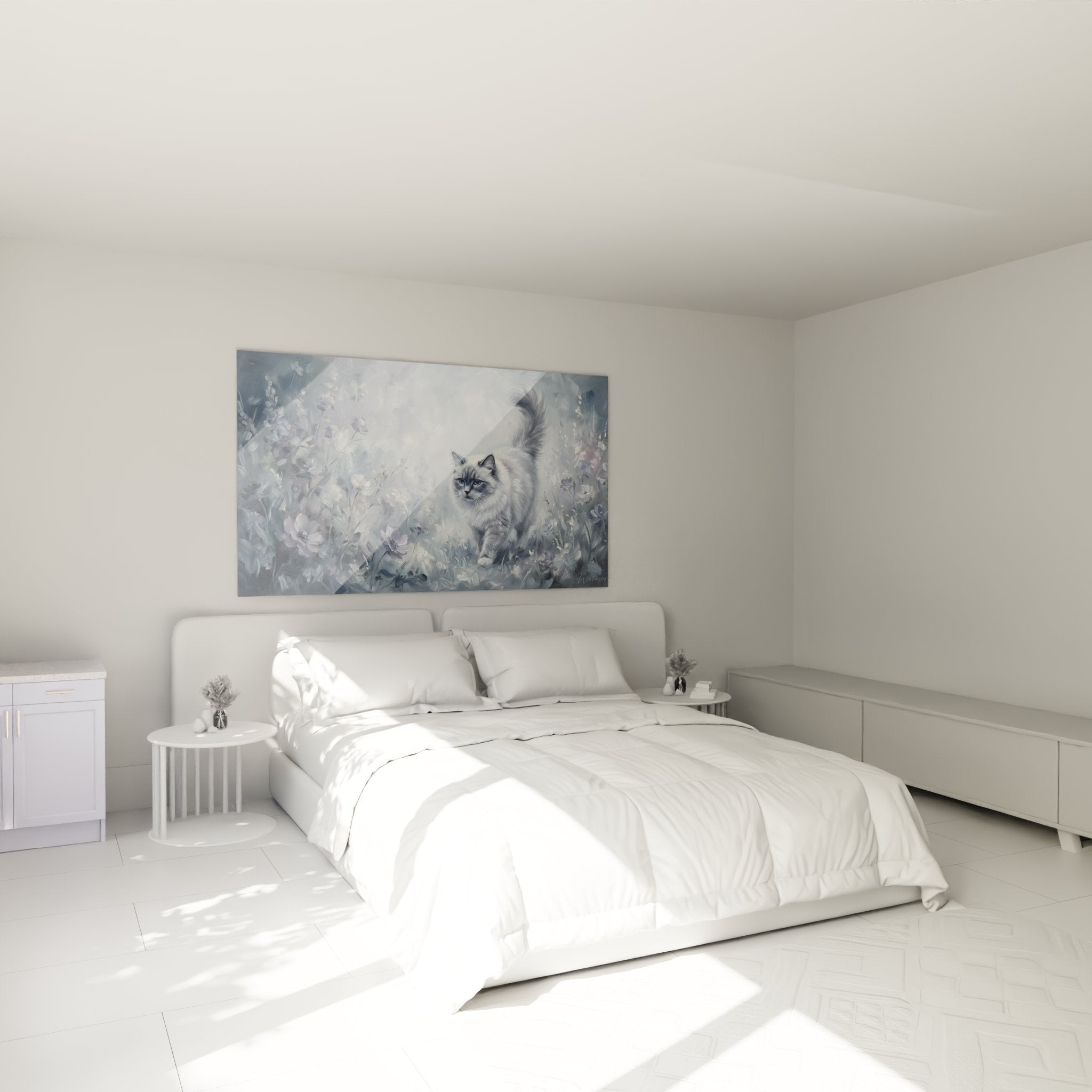 Decorazione camera da letto con quadro gatto Ragdoll giardino fiorito atmosfera dolce e rilassante murale