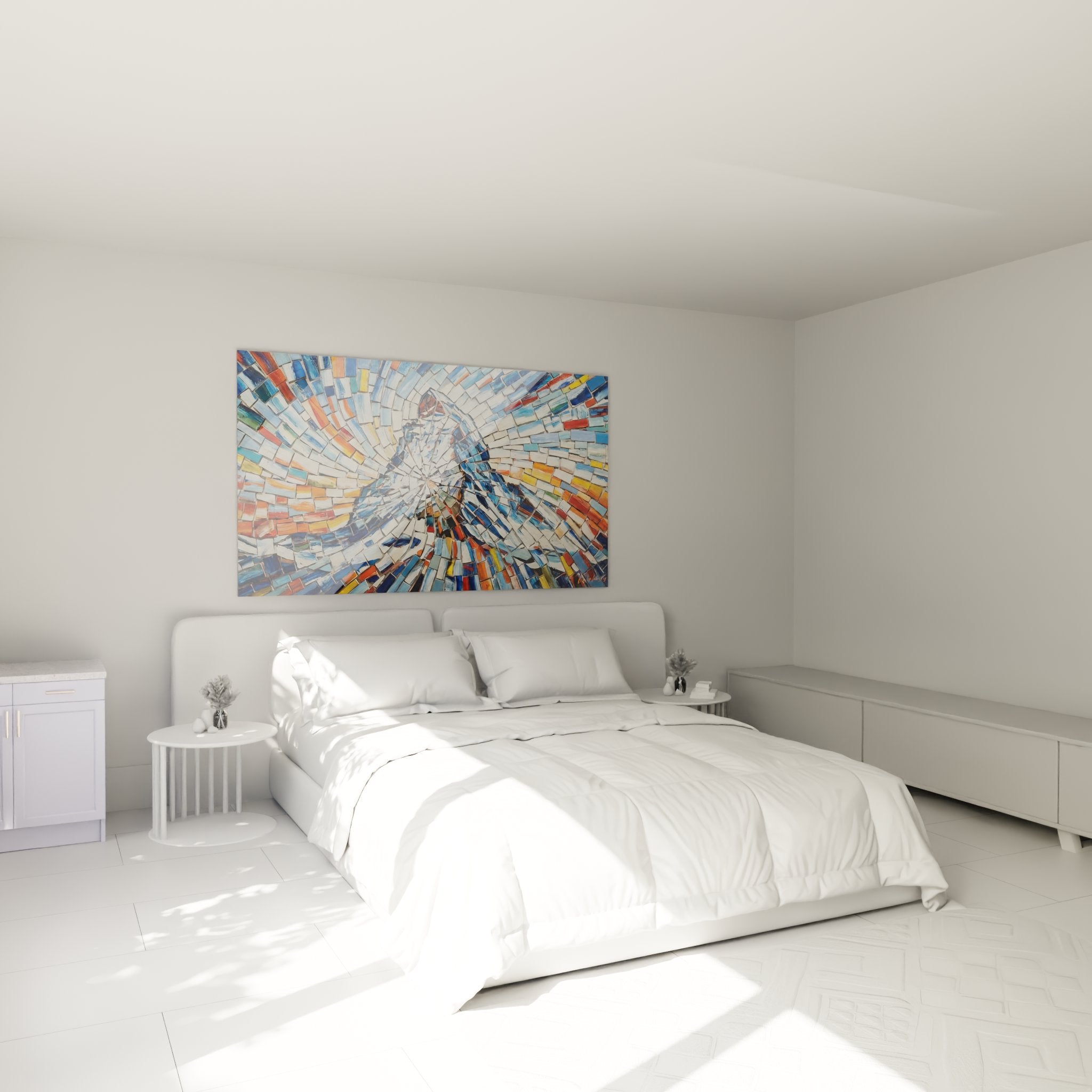 Quadro escursionista mosaico che decora una camera da letto con stile alpino contemporaneo