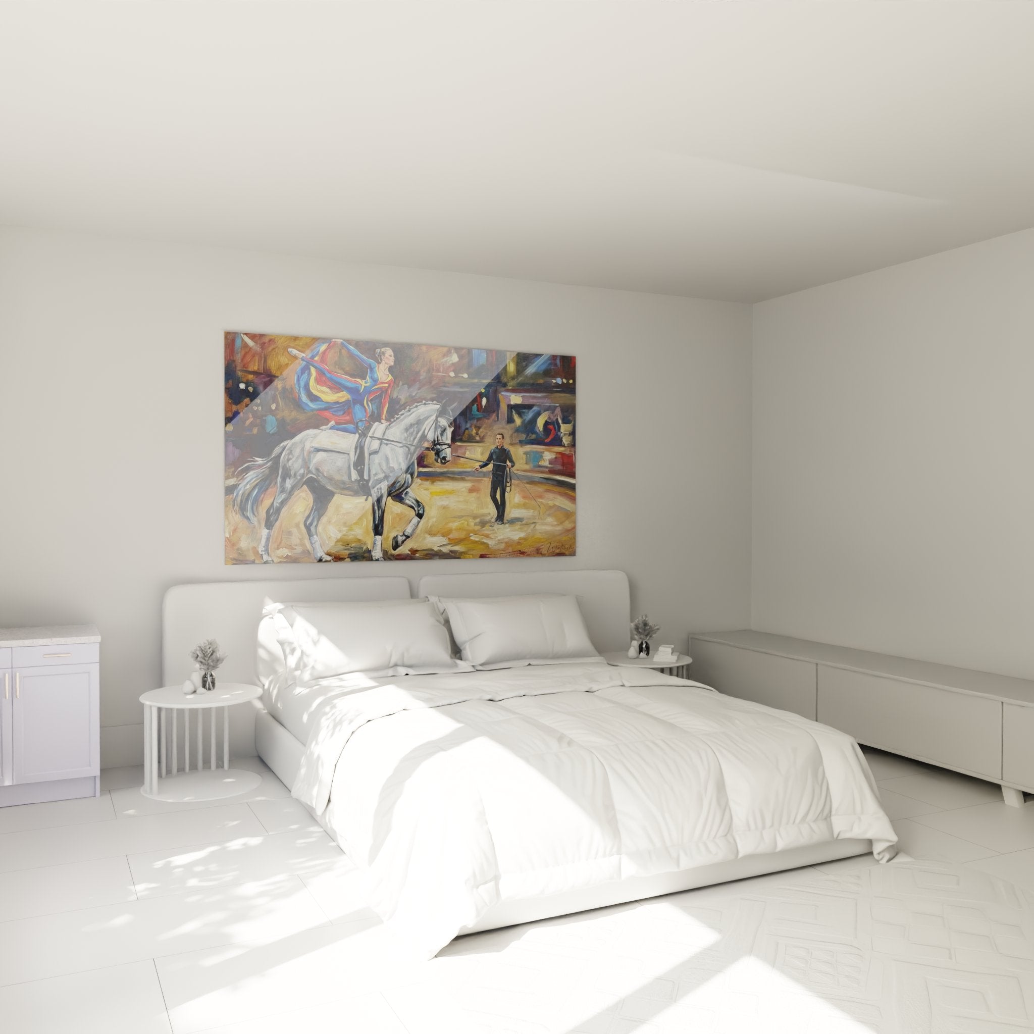 Décoration murale équestre dans chambre moderne montrant scène de voltige avec cheval et cavalière acrobate