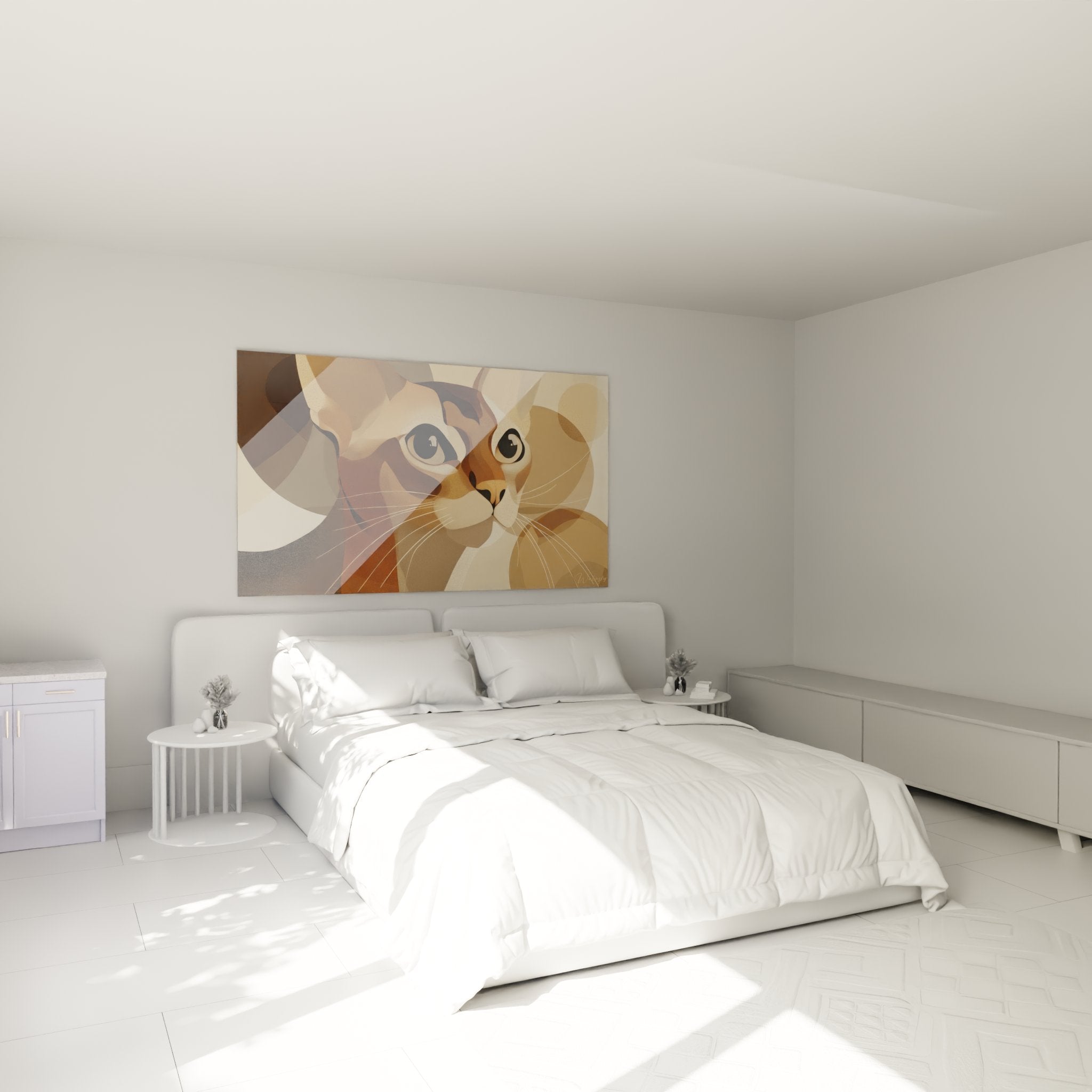 Abstract Singapura cat wall art in modern bedroom interior design feline decor warm tones cozy atmosphere