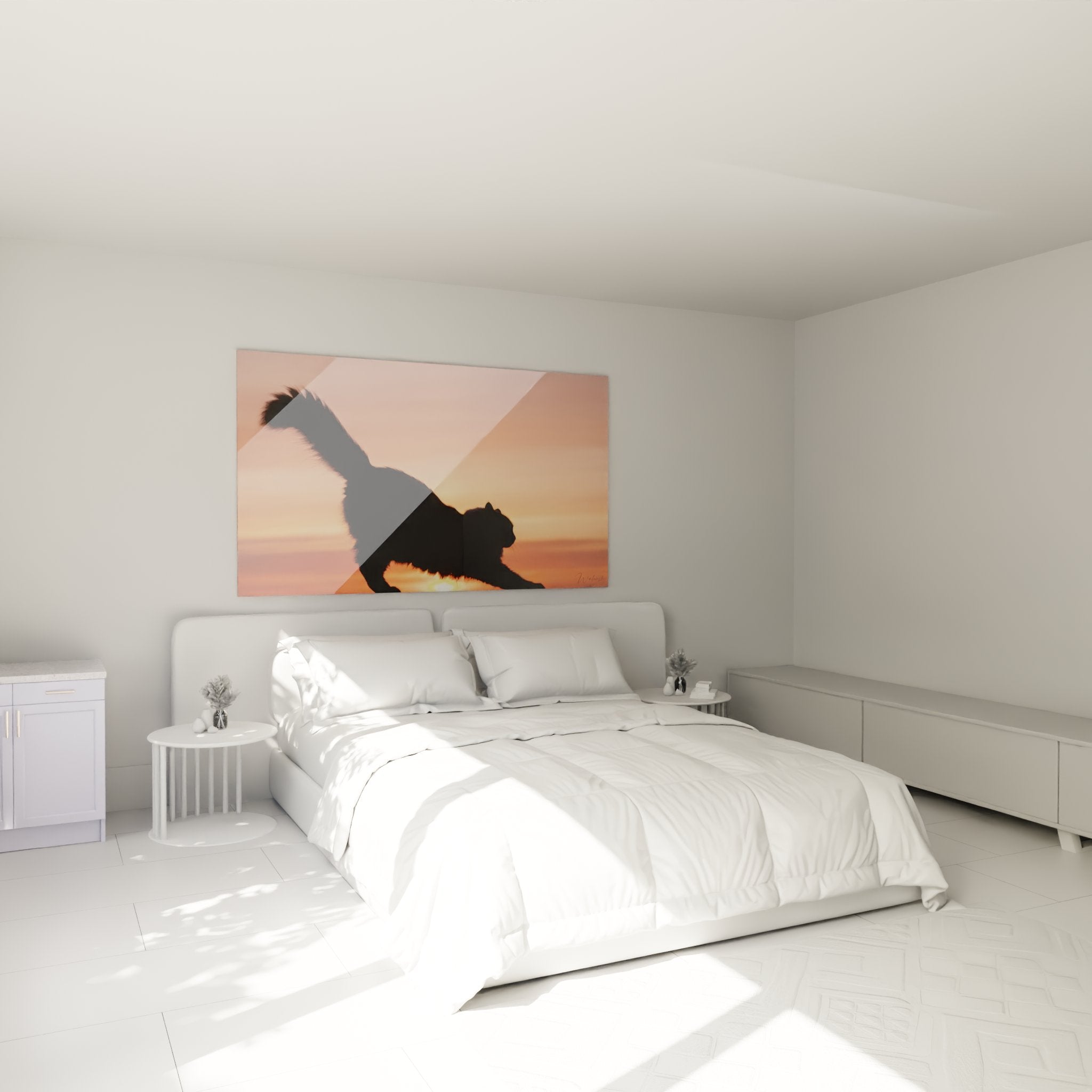 Quadro gatto silhouetta tramonto che decora una camera moderna con tonalità calde e rilassanti