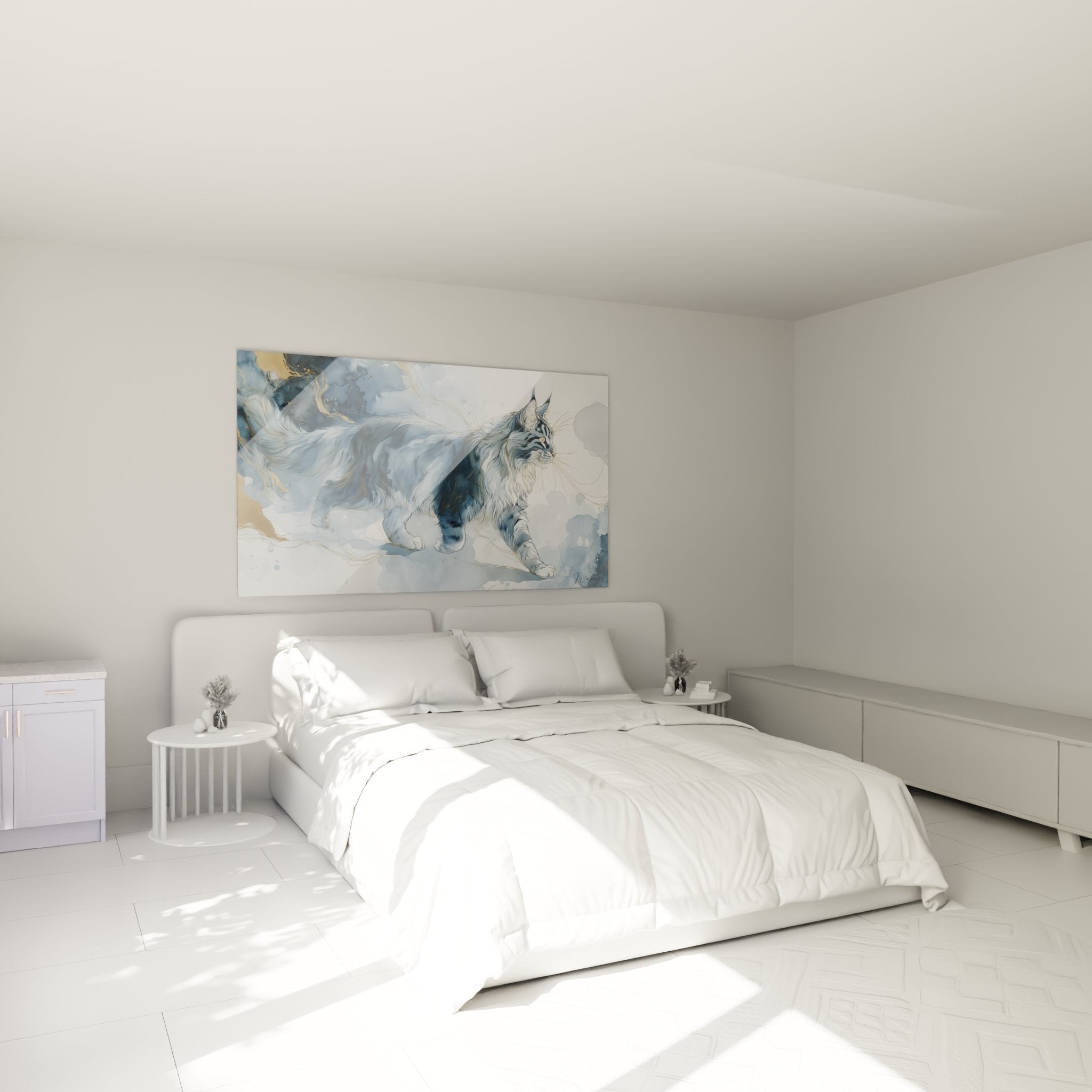 Wanddekoration Maine Coon Aquarell in modernem Schlafzimmer, elegante blaue und goldene Katzenkunst