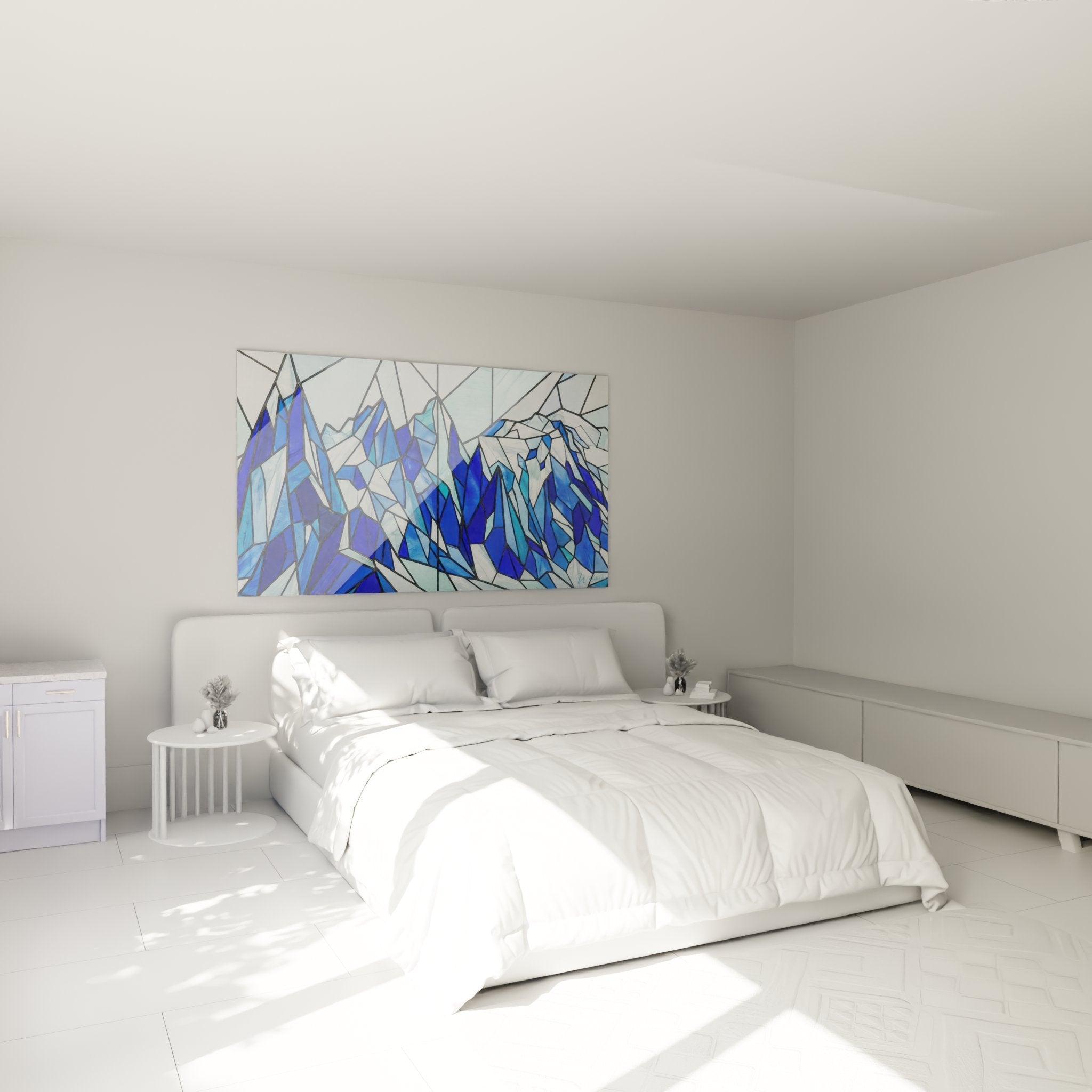 Abstract mountain artwork with blue crystals elegantly decorating a modern, serene bedroom