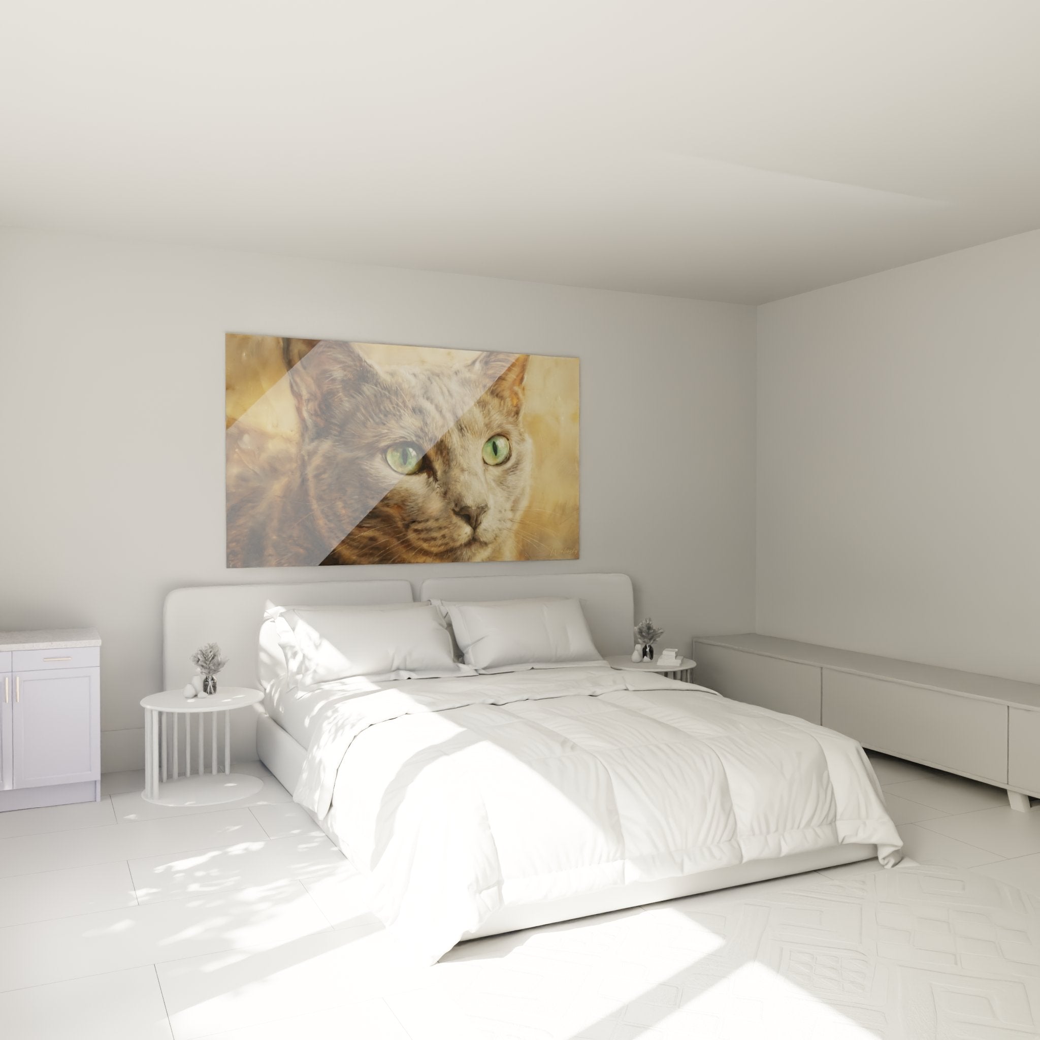 Tableau chat yeux verts dans chambre moderne, art mural felin, decoration interieure Russian Blue