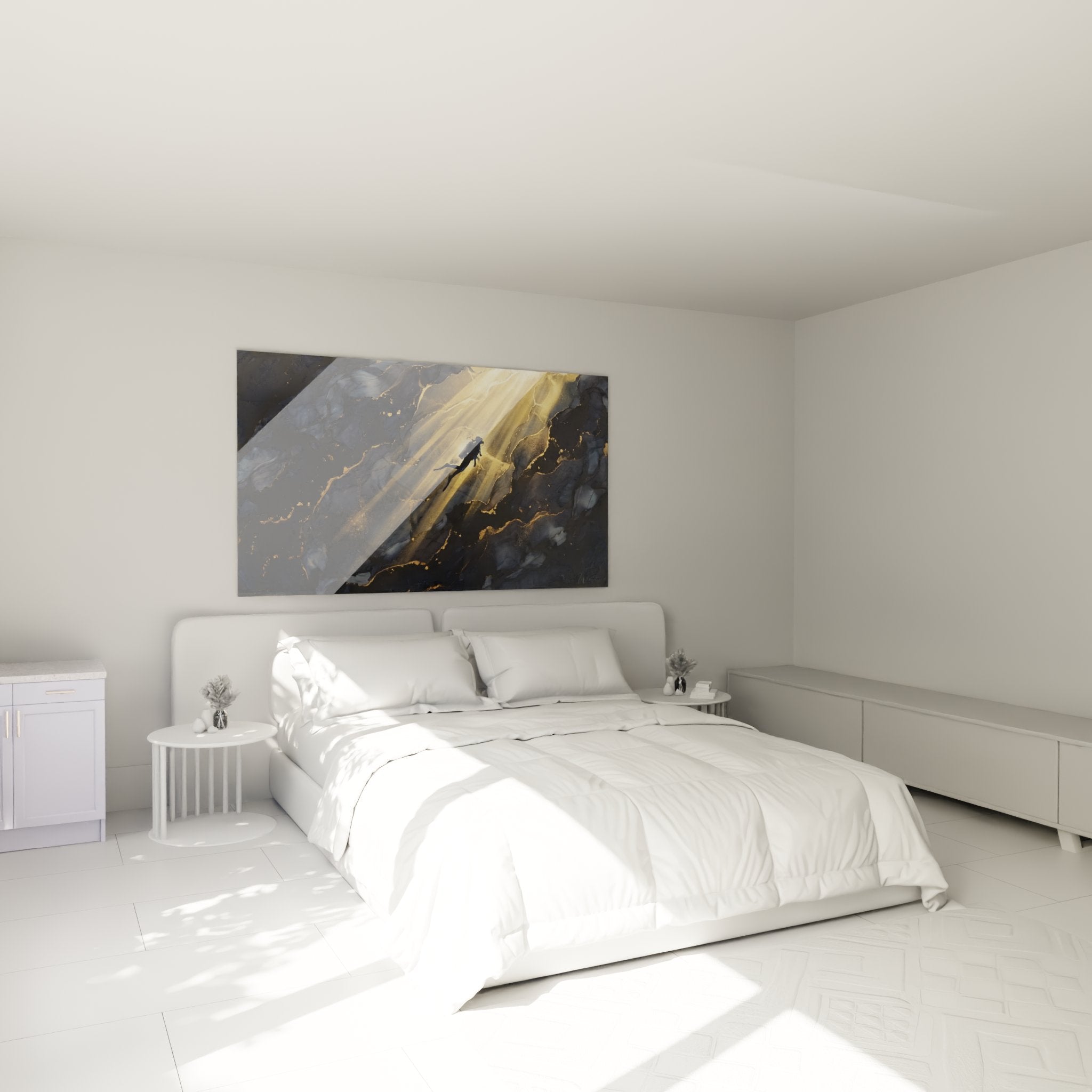 Underwater wall art with diver in golden light rays for bedroom