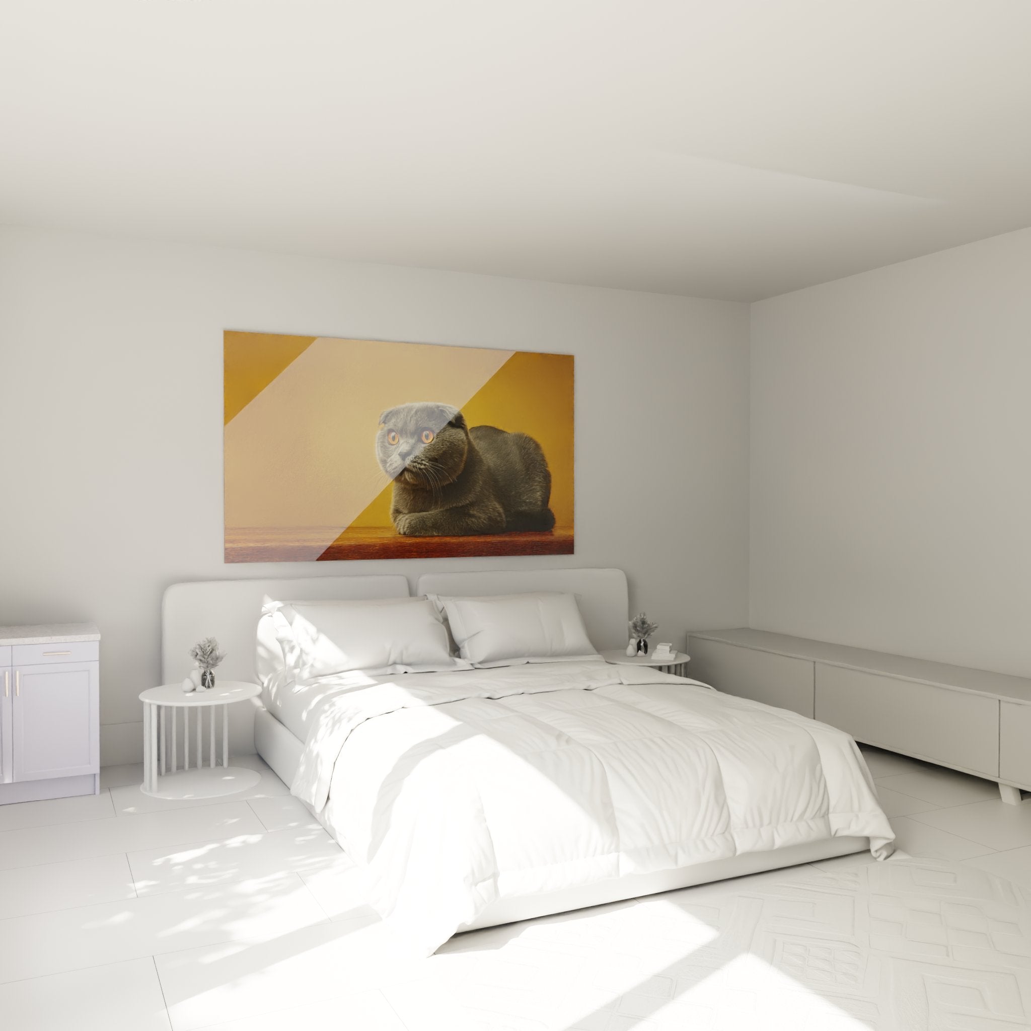 Bedroom decoration with Scottish Fold grey cat wall art creating a cosy and soothing atmosphere