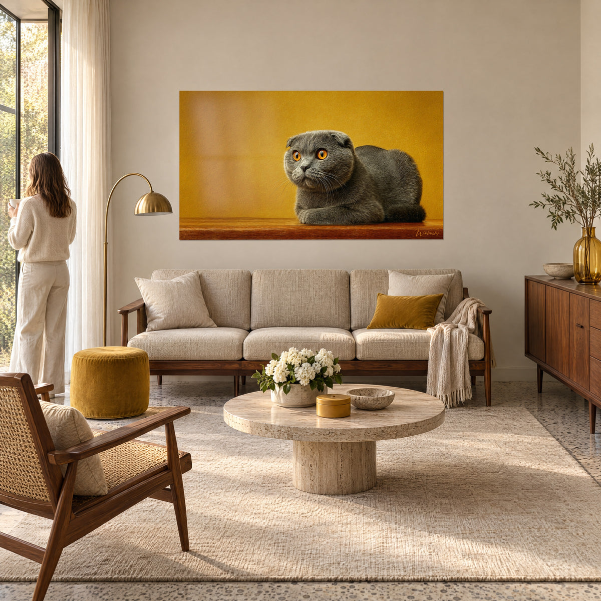 Πίνακας γάτας Scottish Fold με διπλωμένα αυτιά, γκρι σχιστολιθένιο τρίχωμα και πορτοκαλί μάτια, σε χρυσοκίτρινο φόντο, πάνω από καναπέ σε φωτεινό σαλόνι