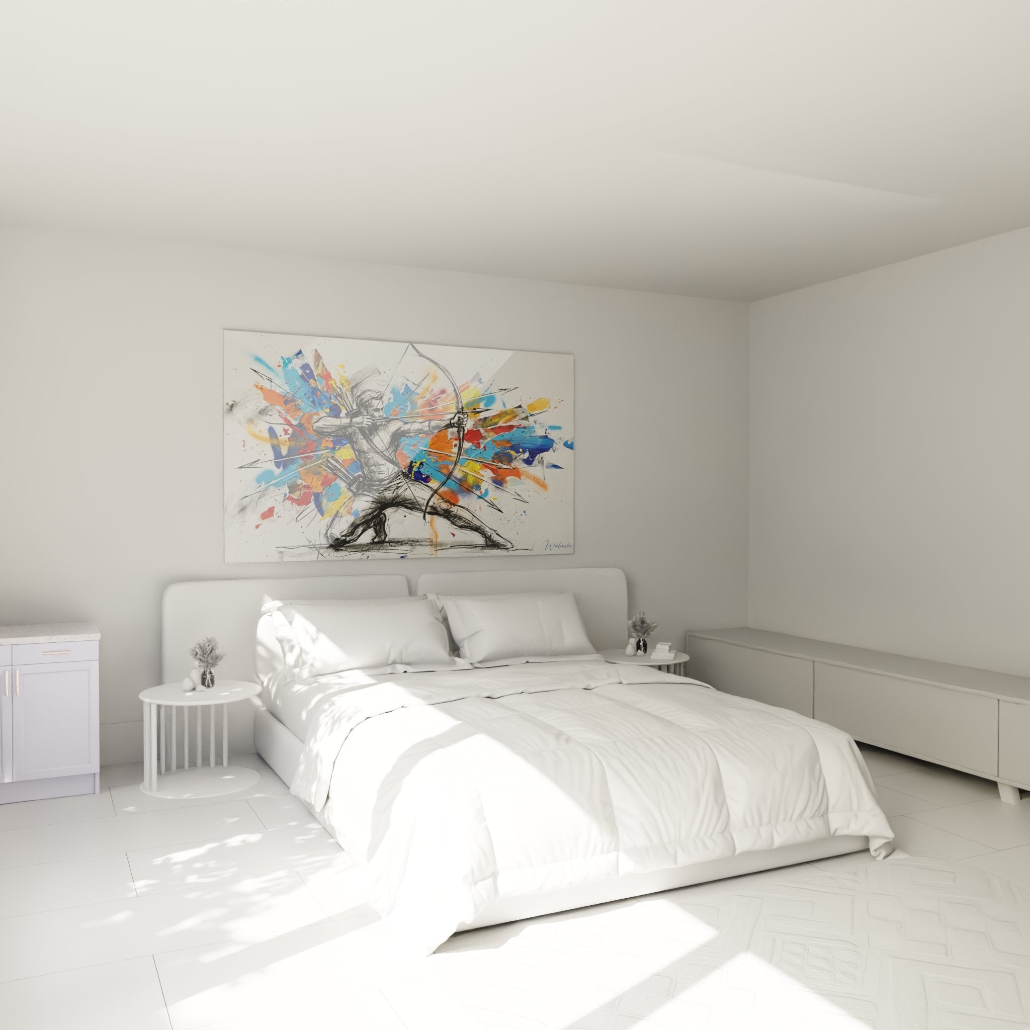 Tableau archer coloré décorant une chambre moderne, art mural tir à l'arc ambiance contemporaine